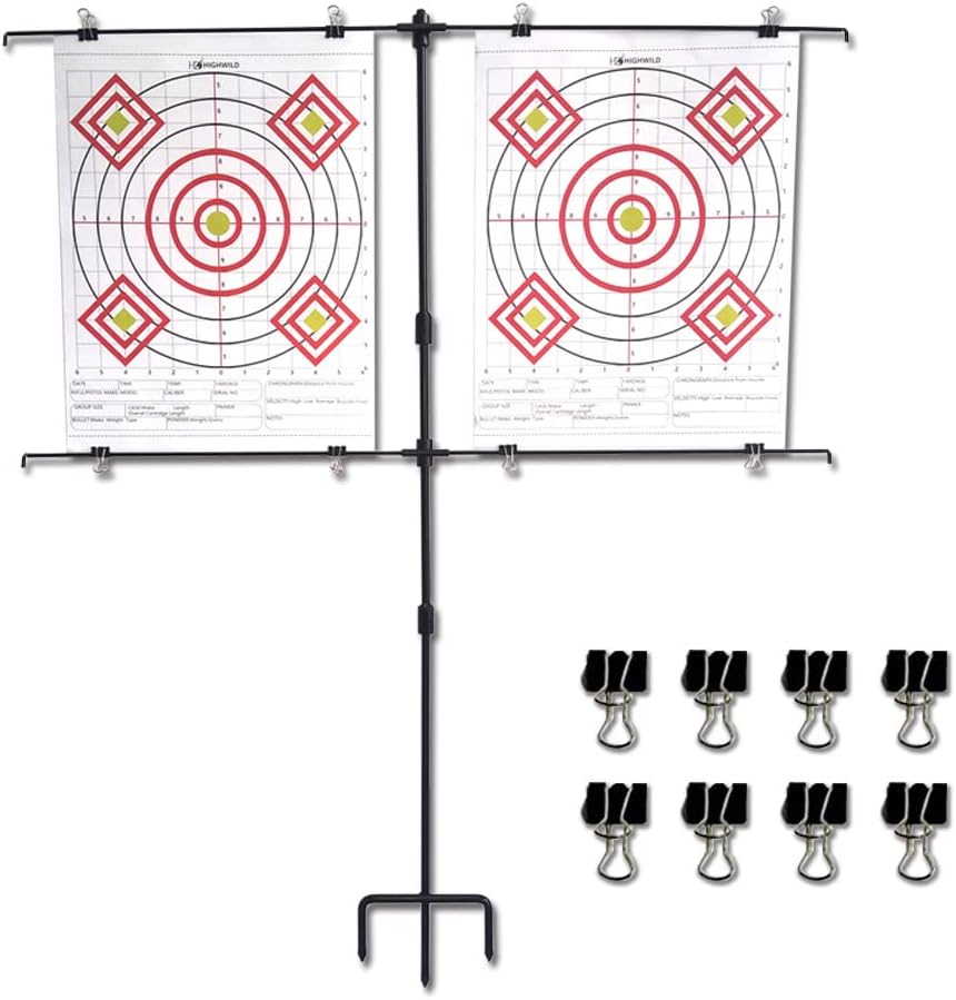 Highwild Adjustable Paper Target Stand, Frame with 8 Clips | Clear Bullseye Targets Sheet for Shooting Practice