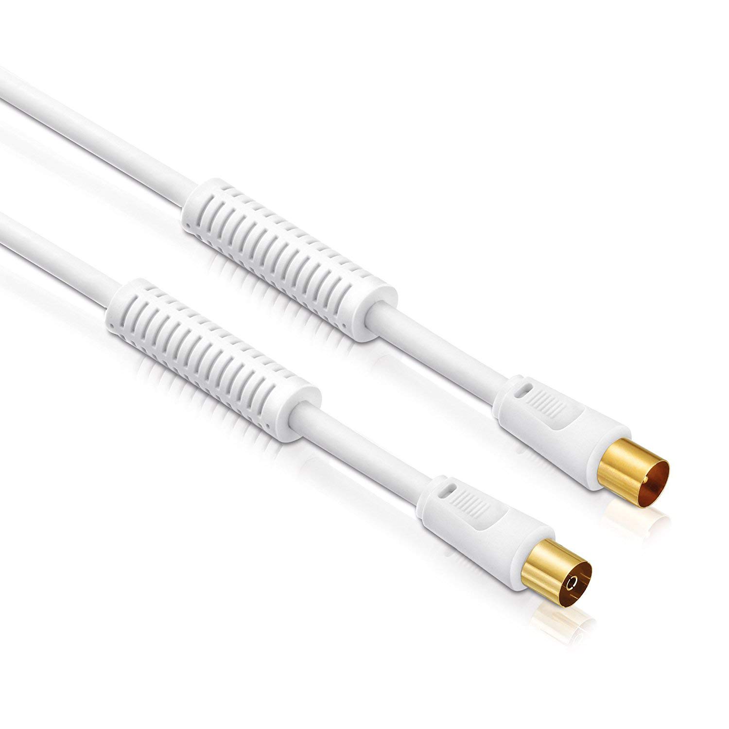 Kabel antenowy | 15 m | 75 omów | 110 dB | 4-krotnie ekranowany | wtyczka koaksjalna | kabel koncentryczny | TV radio DVB-T DVB-T2 DAB | 2 X rdzeń ferrytowy | biały | 15 metrów