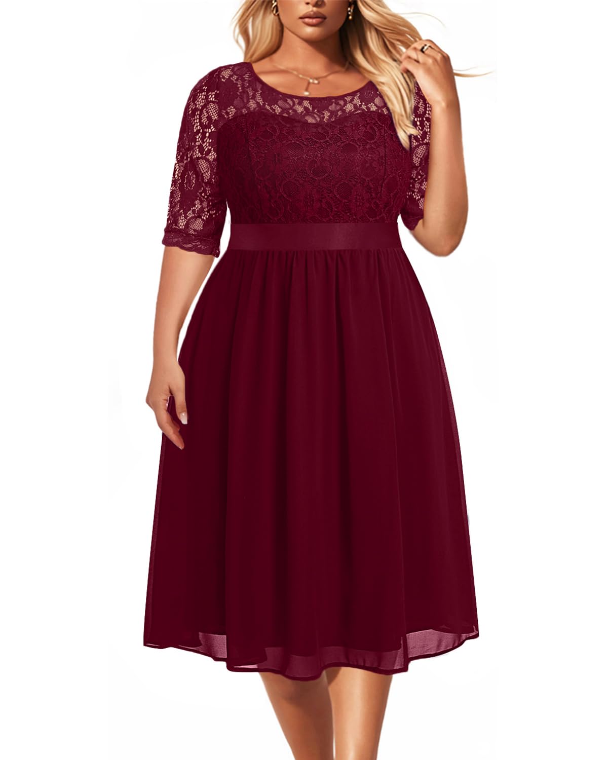 Plus Size Wedding Guest Dresses Women Cocktail Lace Chiffon Midi Dress | Lace top, chiffon midi skirt, half sleeves, high waist, elegant cocktail party, formal evening wear, soft lined fabric