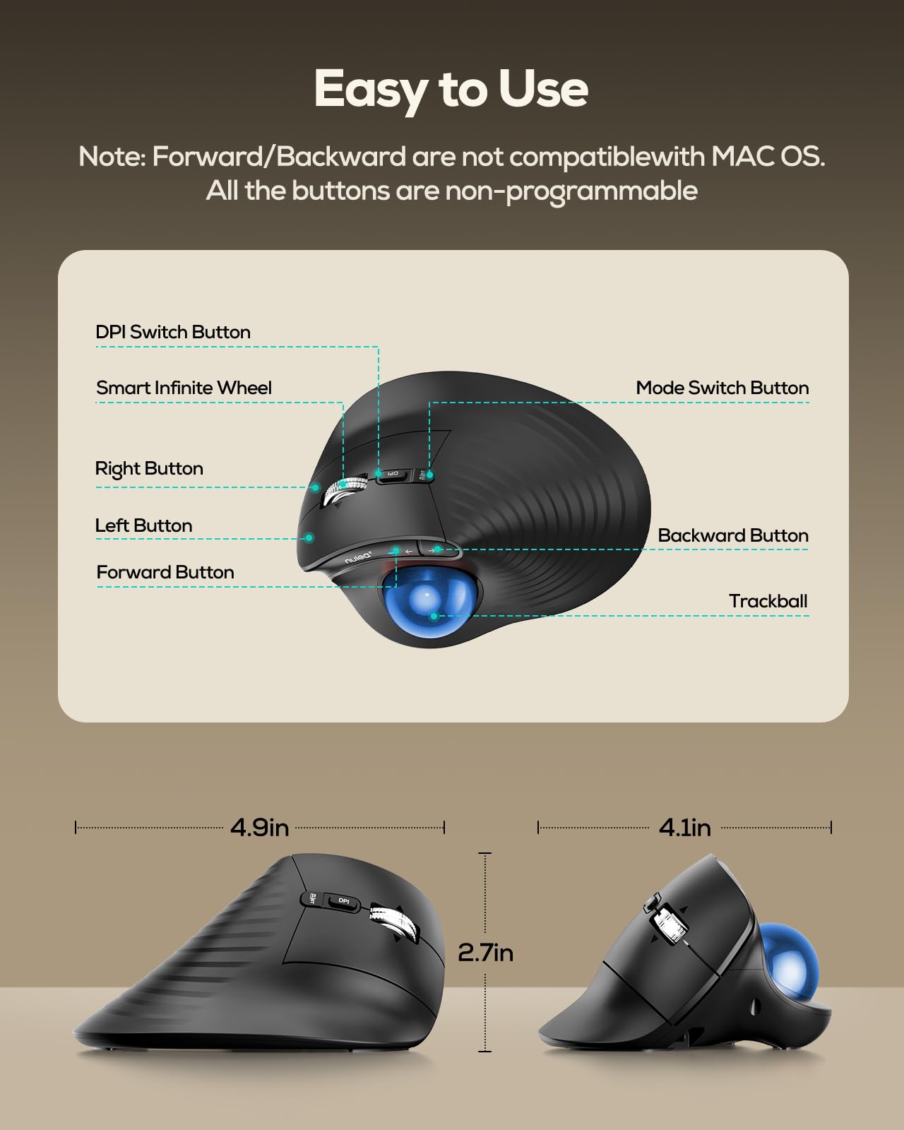 Nulea M514 Souris Trackball Verticale, Ergonomique sans Fil à Contrôle du Pouce, Cliques Silencieux, Connexion 3 Appareils (Bluetooth & USB), Rechargeable pour PC/Mac/Laptop/Tablet, Bleu