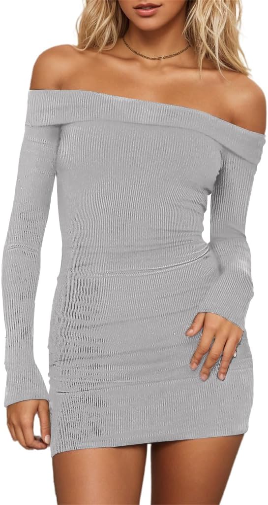 HYPERFIRE Women's Sexy Elegant Off The Shoulder Ribbed Long Sleeve Dress Party Mini Dresses