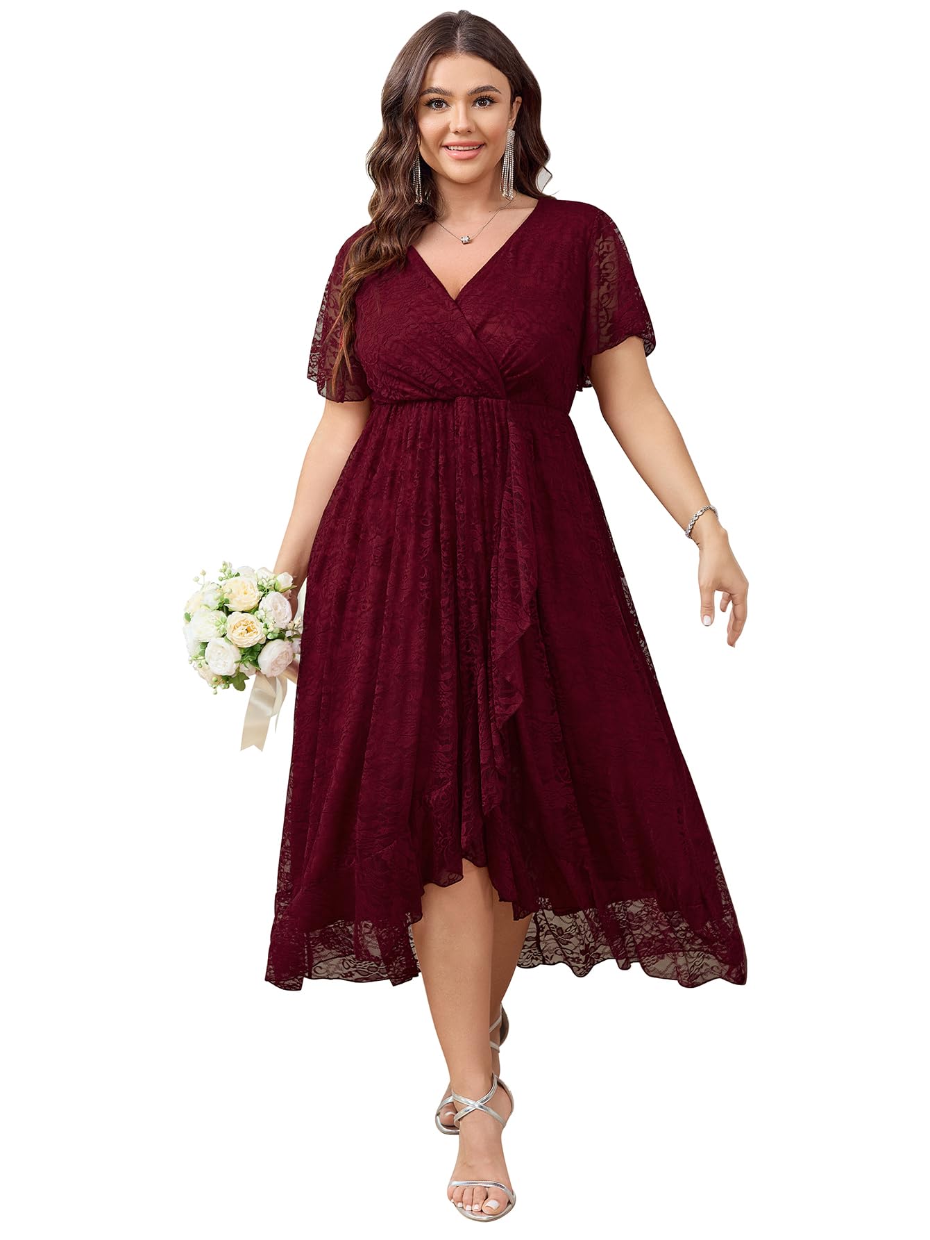 SCOMCHIC Women's Plus Size Lace Wrap V-Neck High Low Short Sleeve Cocktail Dress, Burgundy, 3XL Plus, Model 124M201B