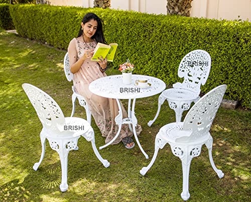 Image of BRISHI Cast Aluminium Garden Patio Seating Chair and Table Set for Balcony Outdoor Furniture with 1 Table and 4 Chair Set (White)