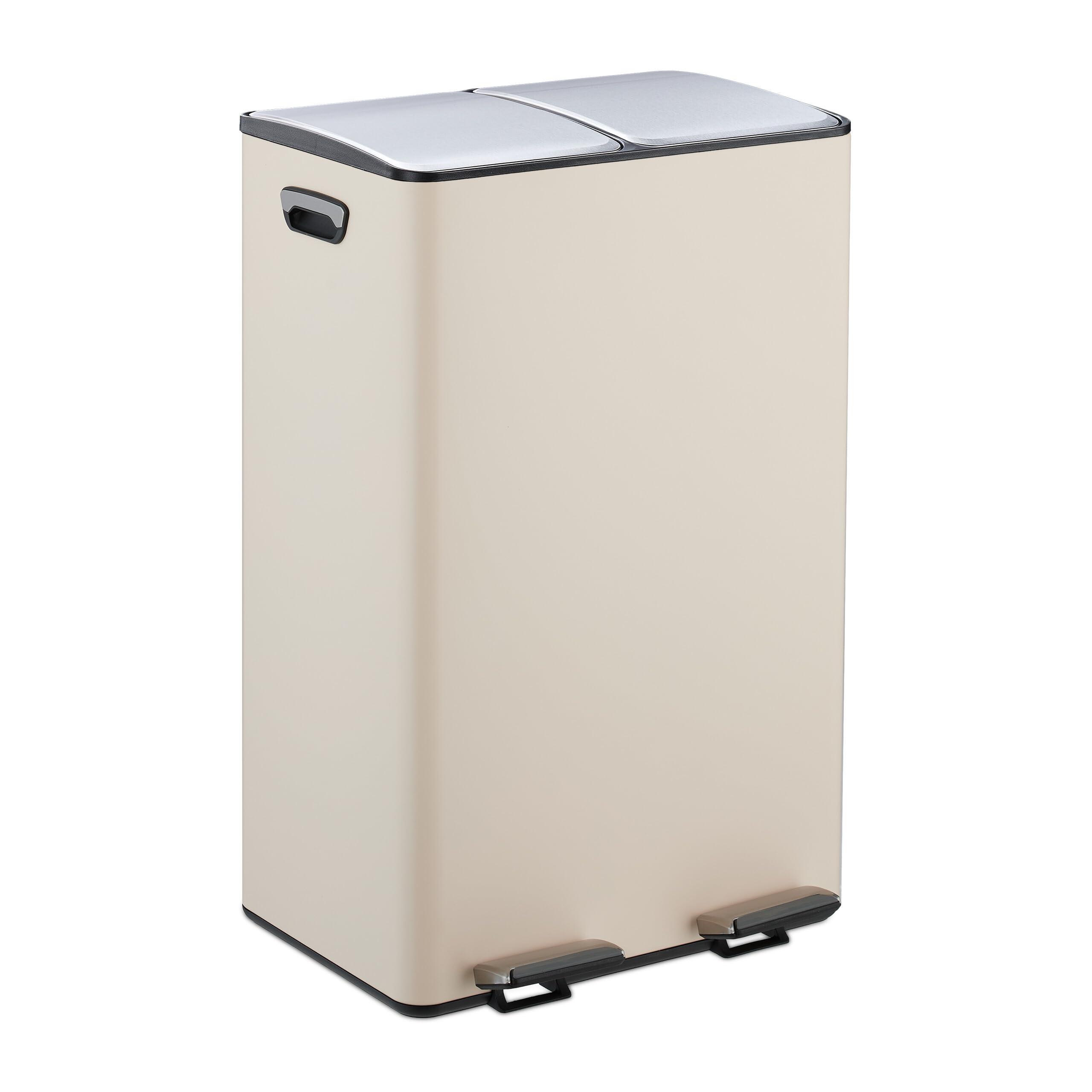 Relaxdays Mülleimer, 2 Fächer, je 30 Liter, entnehmbare Inneneimer, Fußpedal, Küche, Tretmülleimer, Eisen, beige/silber