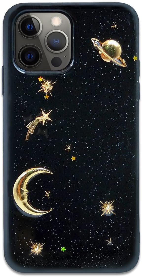 Bonitec Case for iPhone 15 Pro Max Case Bling Planet Glitter with Space Sparkle Moon Star Universe Flexible Soft TPU Protection Shockproof Protective Cases Cover Gold