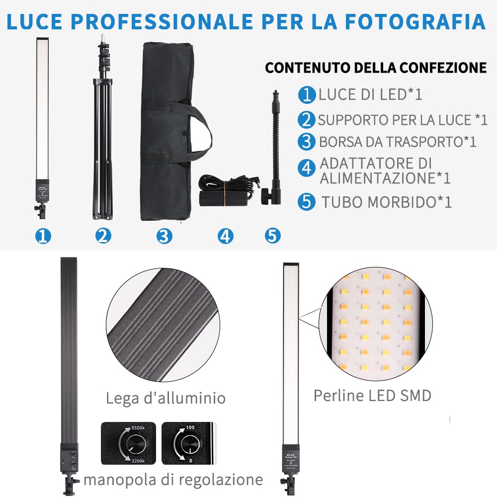 Kit di Luci Fotografiche LED Bastone Bi-colore Luminosità Regolabile per La Registrazione Video, La Fotografia in Studio, Live streaming, Luce di Riempimento Trucco,Tatuaggio Sopracciglia
