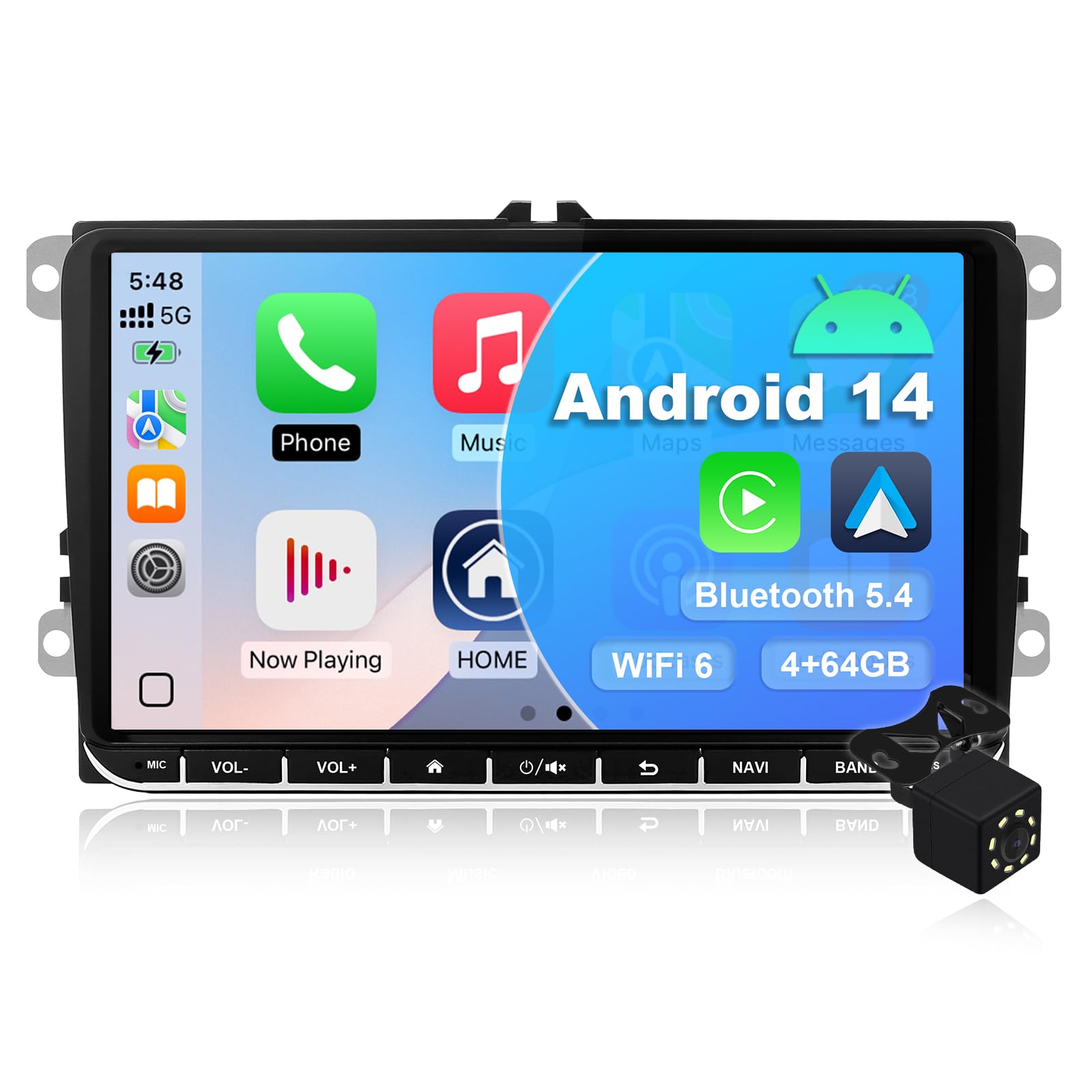 4 + 64G Android 14 Car Stereo Pantalla for VW Golf/Seat/Passat/Polo/Jetta/Touran 9 Pulgadas Multimedia Stereo Radio con Wireless CarPlay Android Auto Mirror Link SWC GPS Bluetooth WiFi FM Camera - 1