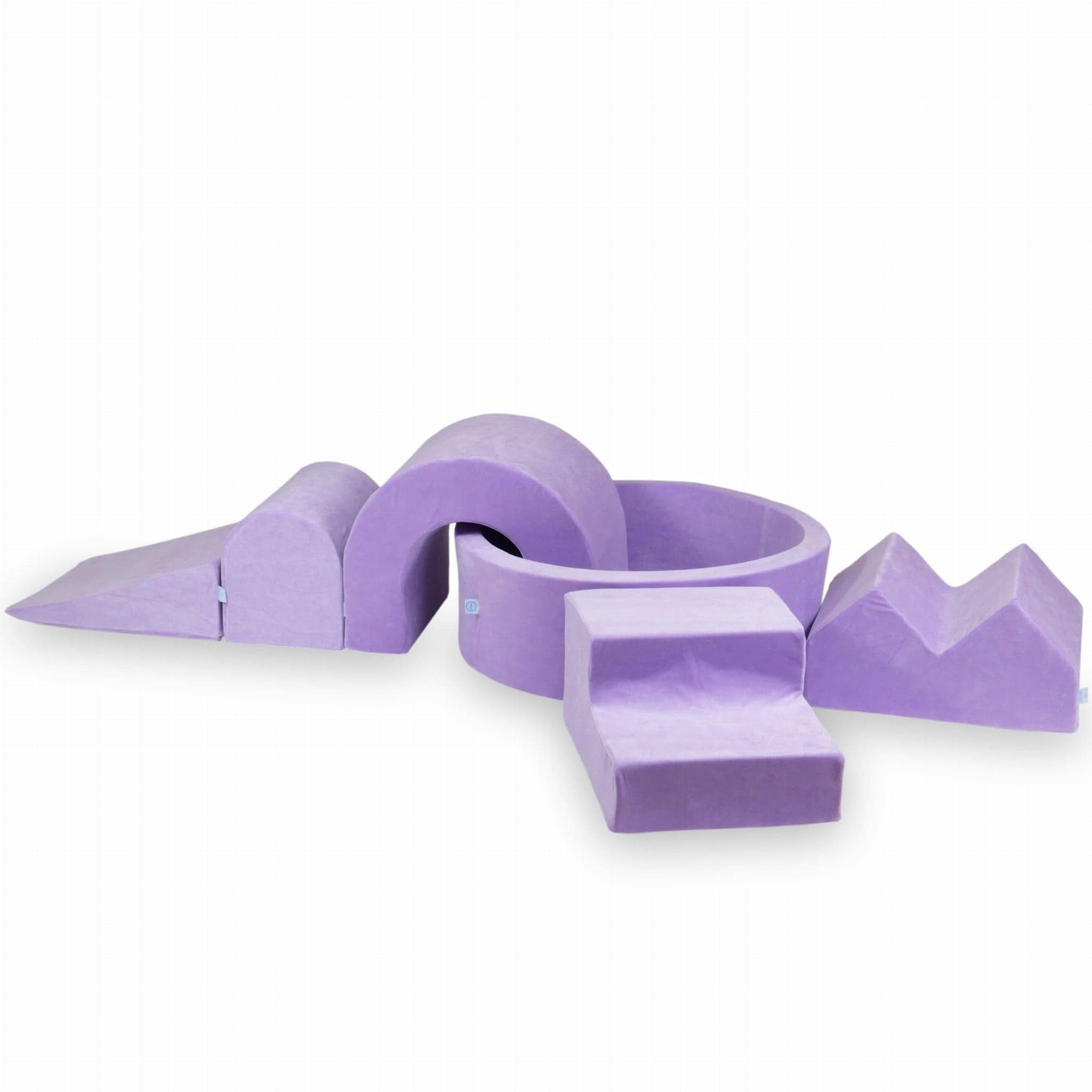 Mimii Parco giochi in schiuma con piscina rotonda con palline da 90 x 30 cm, Velvet Soft, viola, 5 elementi, giocattolo da arrampicata per interni, grandi mattoncini per gattonare e arrampicare, senza