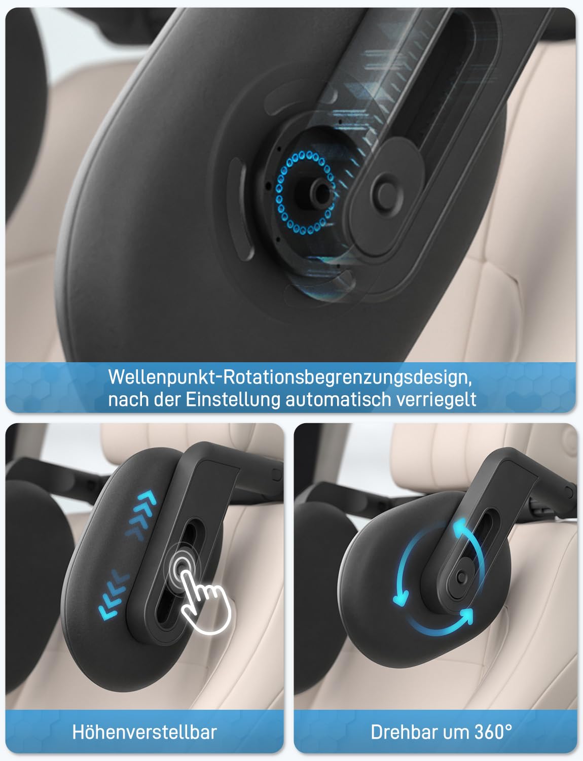 Oasser Auto Kopfstütze für Lange Fahrten, 360 Grad Rotation Kopfstützen verhindert Kopf gegen Scheibe für Kinder und Erwachsene, Höhenverstellbar 140-190cm Autositz Kissen