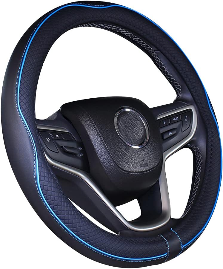 Microfiber Leather Car Steering Wheel Cover Universal 15 inch/38cm Breathable Anti-slip Protector for Auto/SUV (Black Blue,14.5-15")