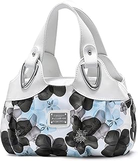 NICOLE & DORIS Ladies Fashion Handbags Elegant Top-handle Bags for Women Floral Shoulder Bags PU Leather Travel Handbag Tote White Handle/Blue Flower