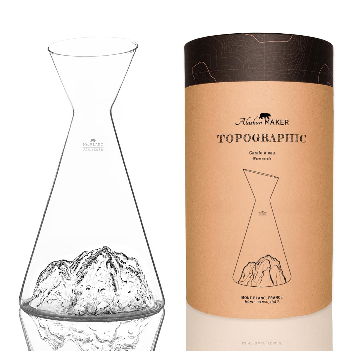 Carafe à eau 1 L | Borosilicate de qualité supérieure soufflés artisanalement avec les montagnes en relief | TOPOGRAPHIC (Mont Blanc)
