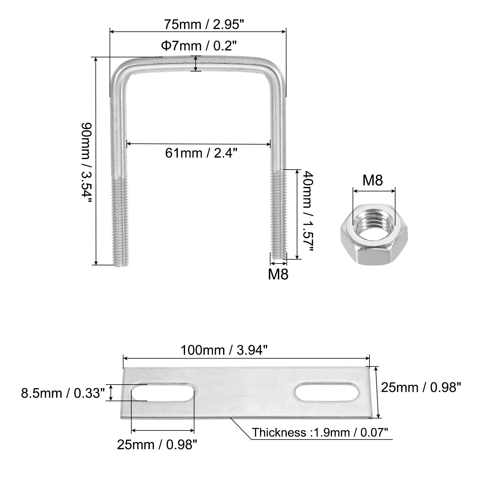 PATIKIL M8x60x90mm Square U-Bolts Kit - Image 2