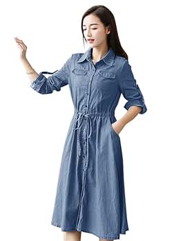 Drasawee Women's Long Denim Daily Dress Long Sleeves Shirt