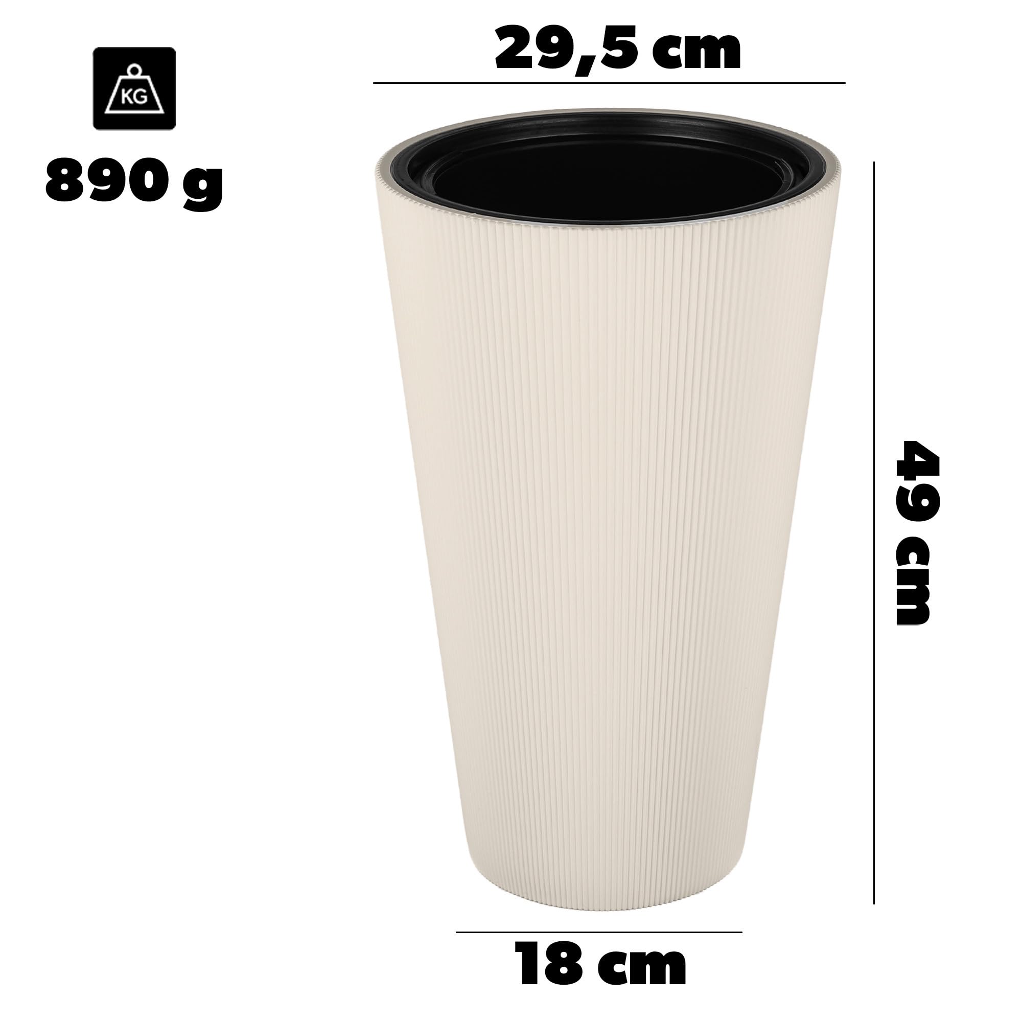 KADAX Pflanzkübel Ø 29,5 x H 49 cm, moderner Blumenkübel mit Innentopf & geriffeltes Design, großer Pflanzentopf aus Kunststoff, Blumentopf für Innen- und Außenbereich (Creme)