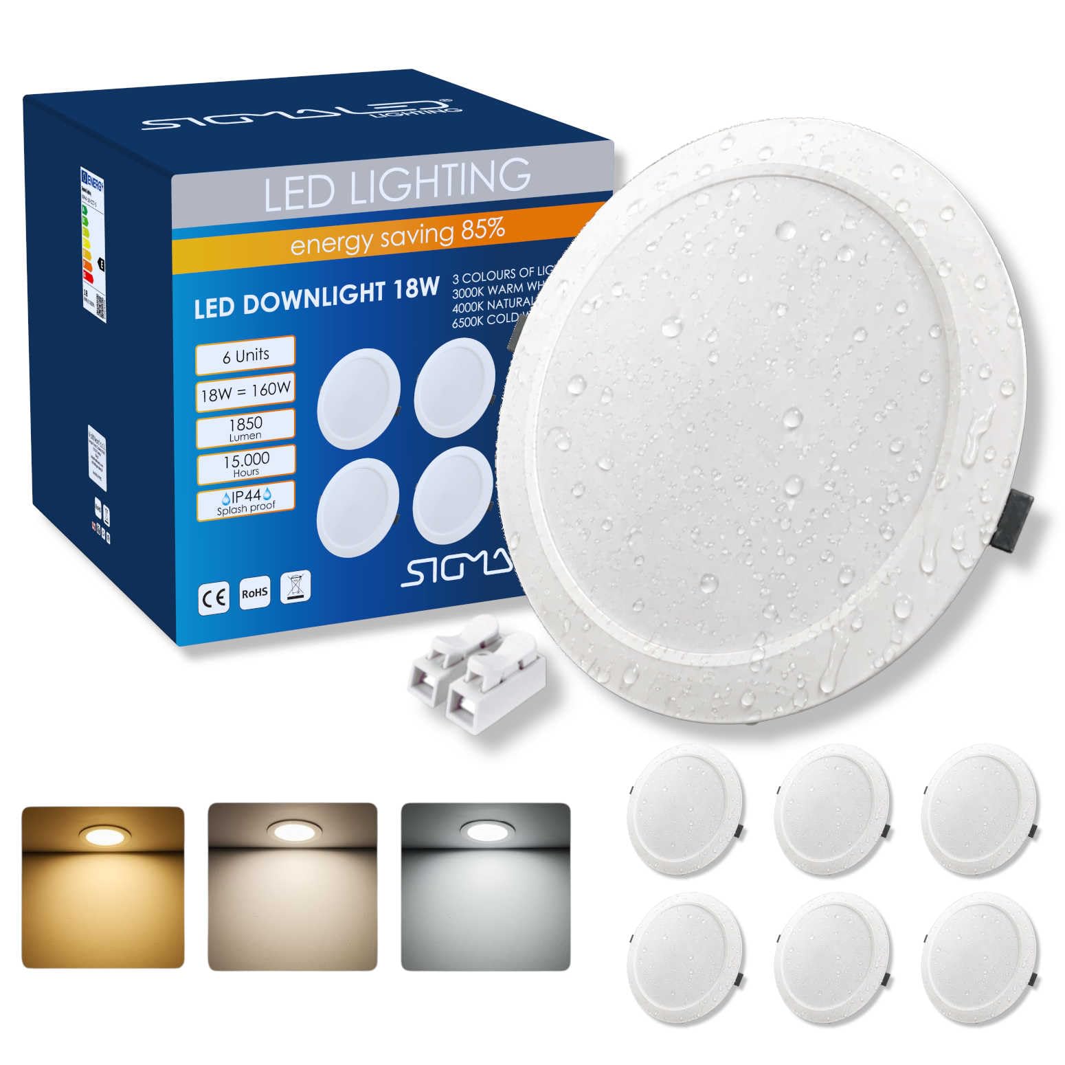 Sigmaled lighting – Pack 6 Focos LED Empotrables 18W 1850 lm, 3 Temperaturas 3000K 4000K 6000K, IP44 Baño, Ultrafinos, Corte Ø187–210 mm, 220–240V, Techo Pladur, Interior y Exterior Cubierto