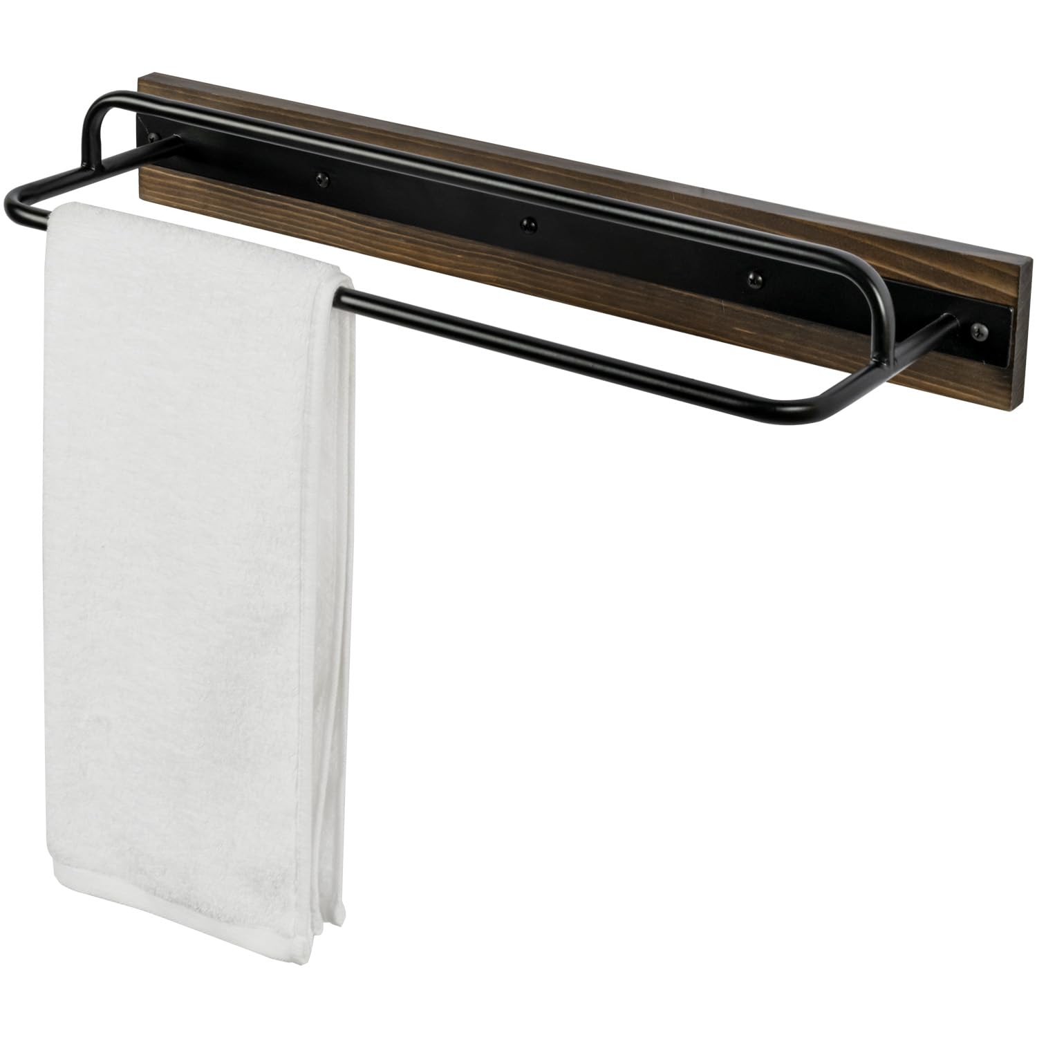 MyGift 2 Tier Wall Mounted Industrial Matte Black Metal Towel Holder Bar on Rustic Burnt Solid Wood, 18 Inch Dual Rails for Hanging Bathroom Hand Towels