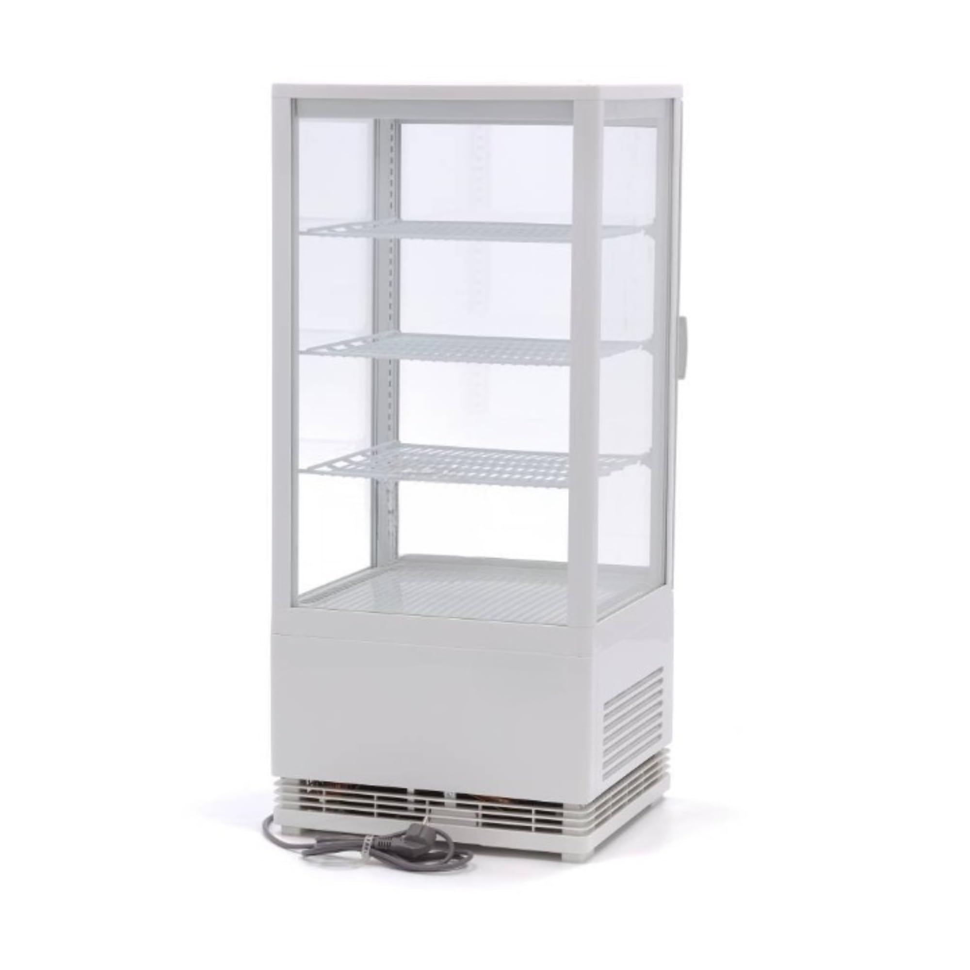 Vitrina refrigerada panorámica blanca 78L – 4 caras acristaladas – Frío ventilado – Iluminación LED – Temperatura 0 a 12°C – Compacta y moderna