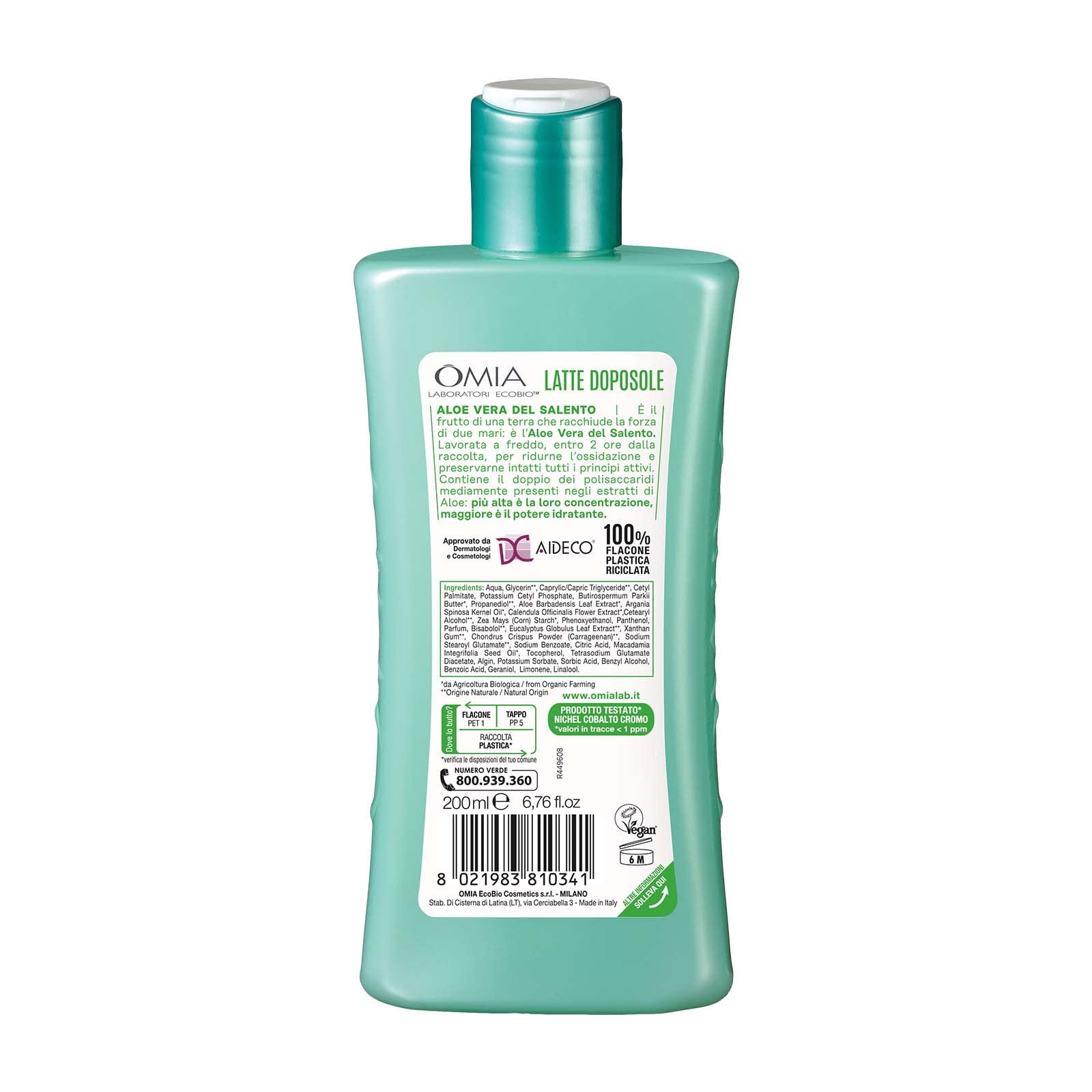 Omia, Doposole Latte Lenitivo con Aloe Vera del Salento, Azione Idratante e Nutriente, Effetto Riparatore, con Olio di Argan, Macadamia e Burro di Karité, Dermatologicamente Testato, Flacone da 200 ml