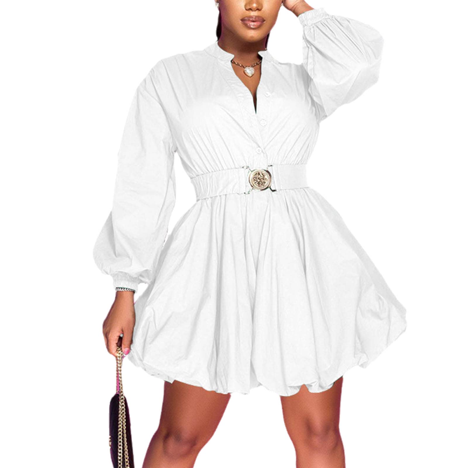 Photo 1 of Uni Clau Button Down Shirt Dress for Women V Neck Long Sleeve Cute Fall Dresses Casual Short Mini Dress with Belt White XL