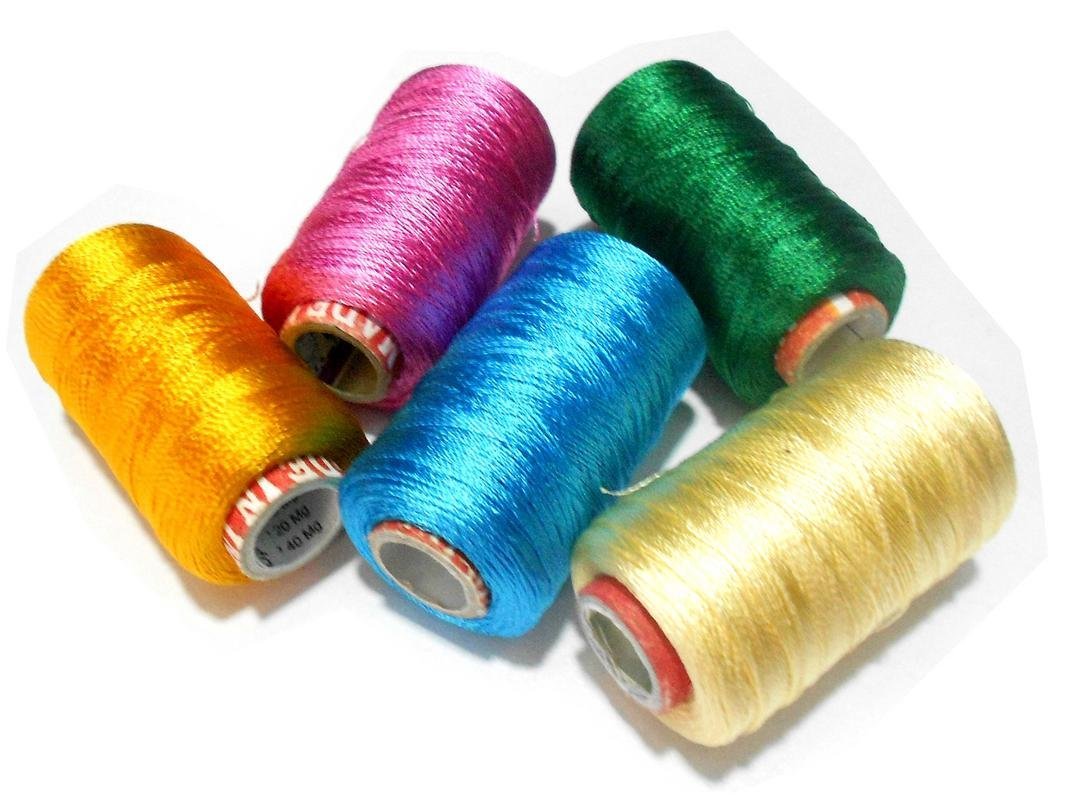 Silk Thread Spools For Wrapping Shiny Bright 5 Colours - Yellow,Pink,Deep Green,Turquoise Blue and Cream