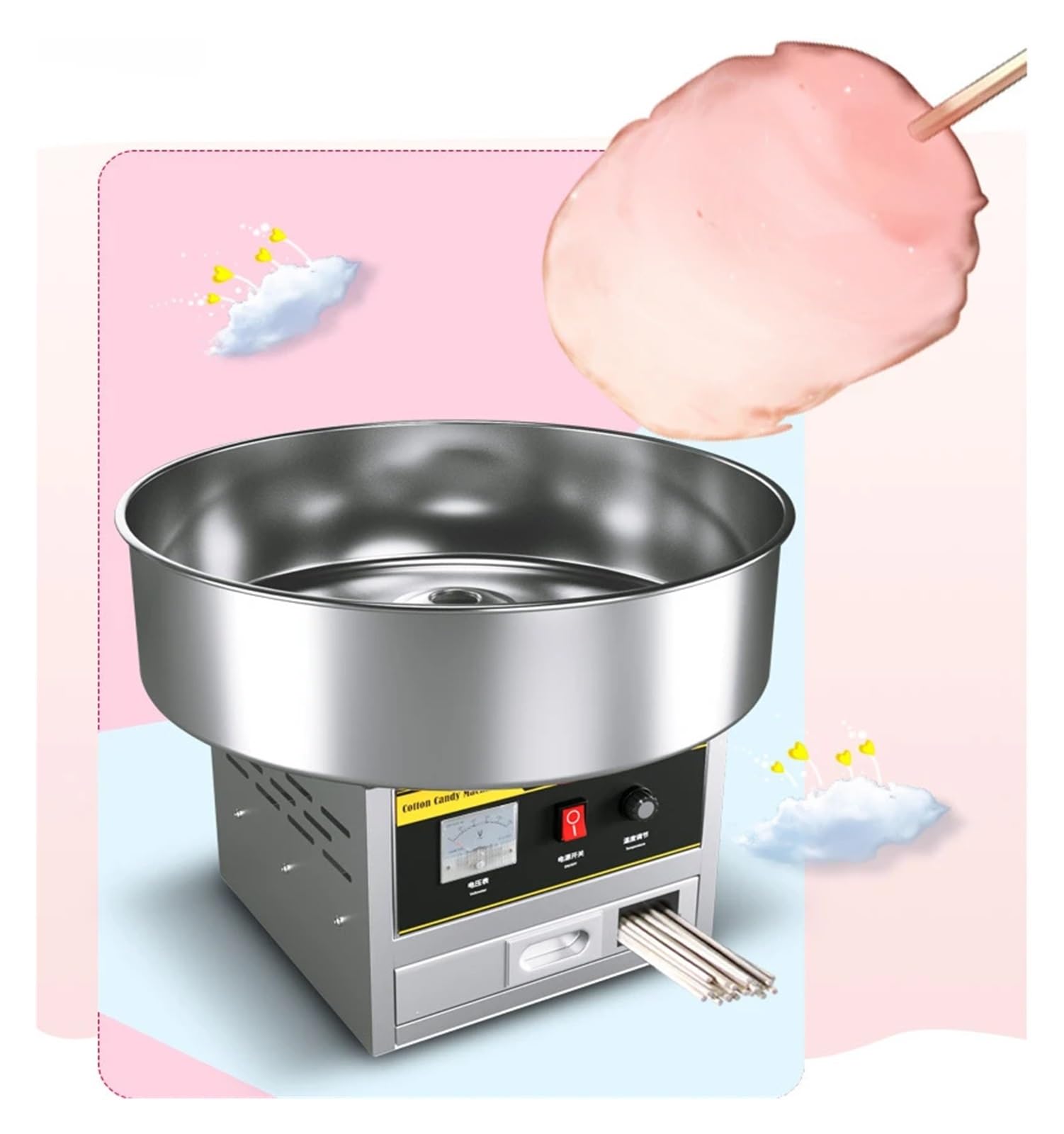 Máquina de algodón de azúcar, máquina comercial totalmente automática eléctrica for producir algodón de azúcar pequeño con dibujos de colores.