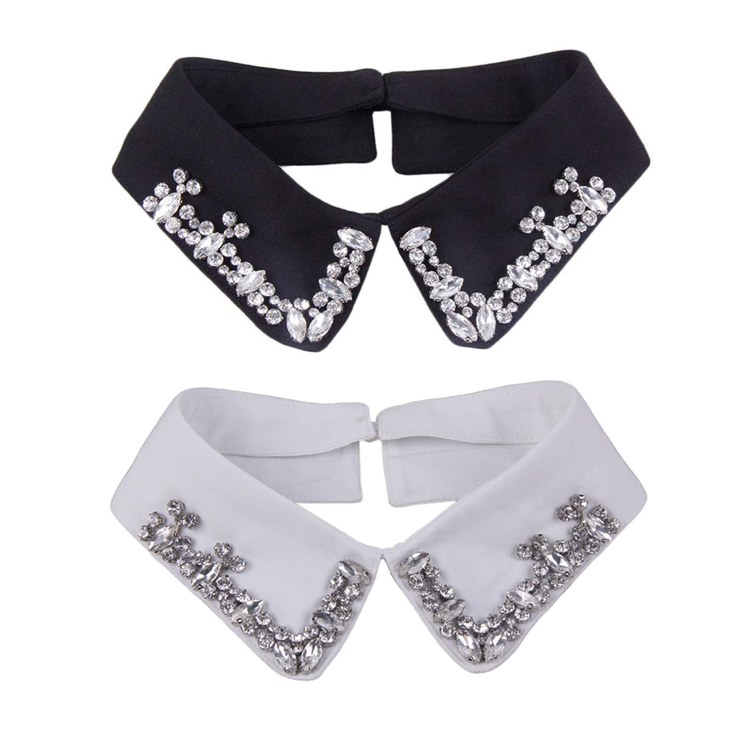 Retzjorv Vpang Women's Stylish Detachable Rhinestones Half Shirt Blouse False Collar Choker Peter Pan Necklace Fake Collar, Black+white, Large