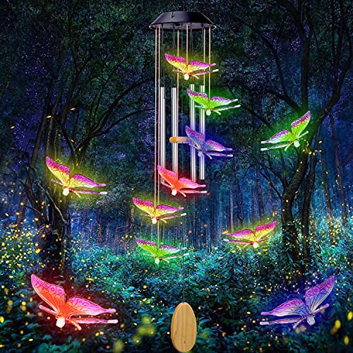ManChDa Solar Wind Chime for Home Party Night Garden Decoration LED Solar Wind Chime with Auto ON/Off for Patio, Deck, Yard, Garden, HomeOnes Memorial Gift (2.Butterfly Wind Chime)