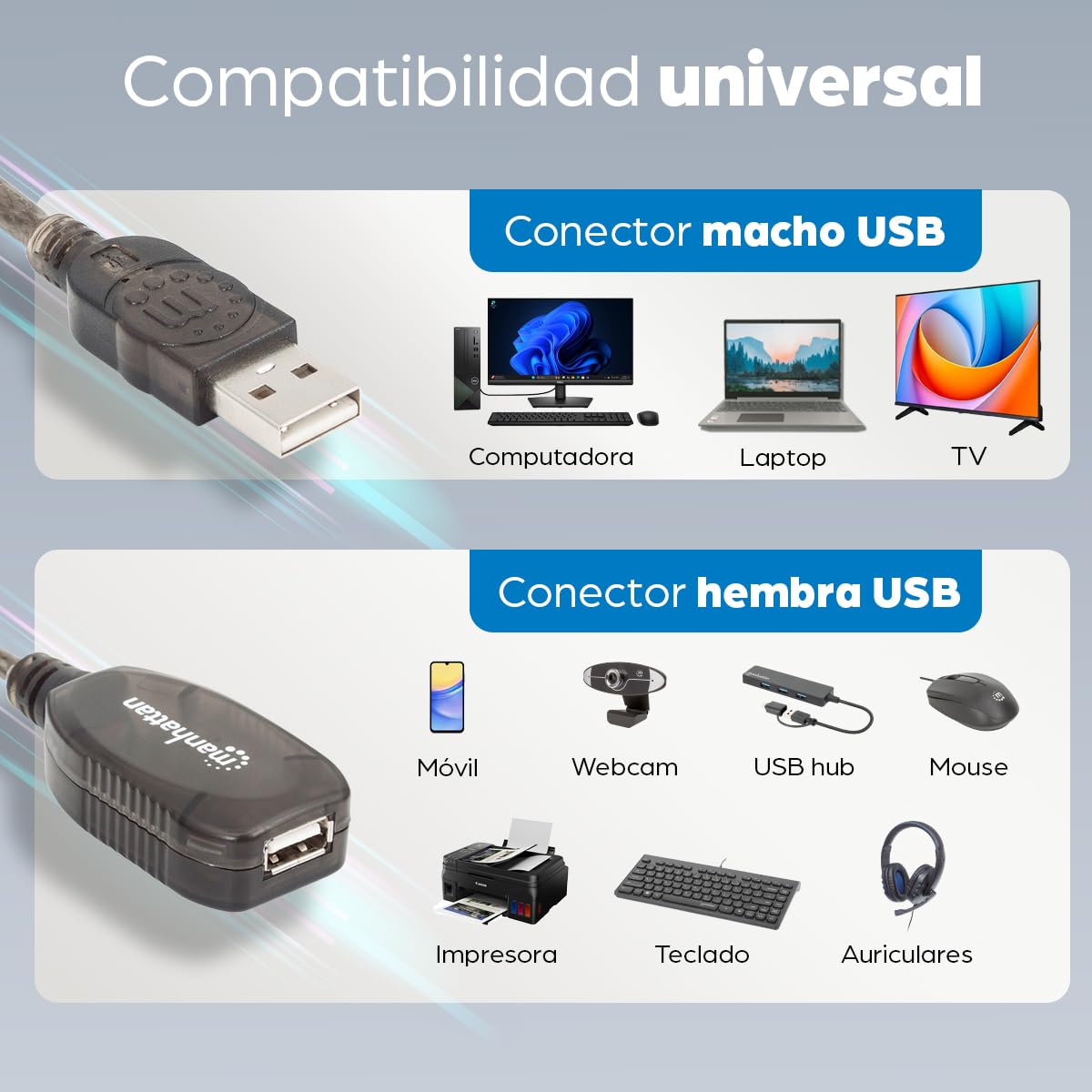 Manhattan Kabel przedłużający USB-A do USB-A 20 m, męski na żeński, aktywny, 480 Mb/s (USB 2.0), z łańcuchem, wbudowany wzmacniacz, Hi-Speed USB, czarny, 3-letnia, zapakowany