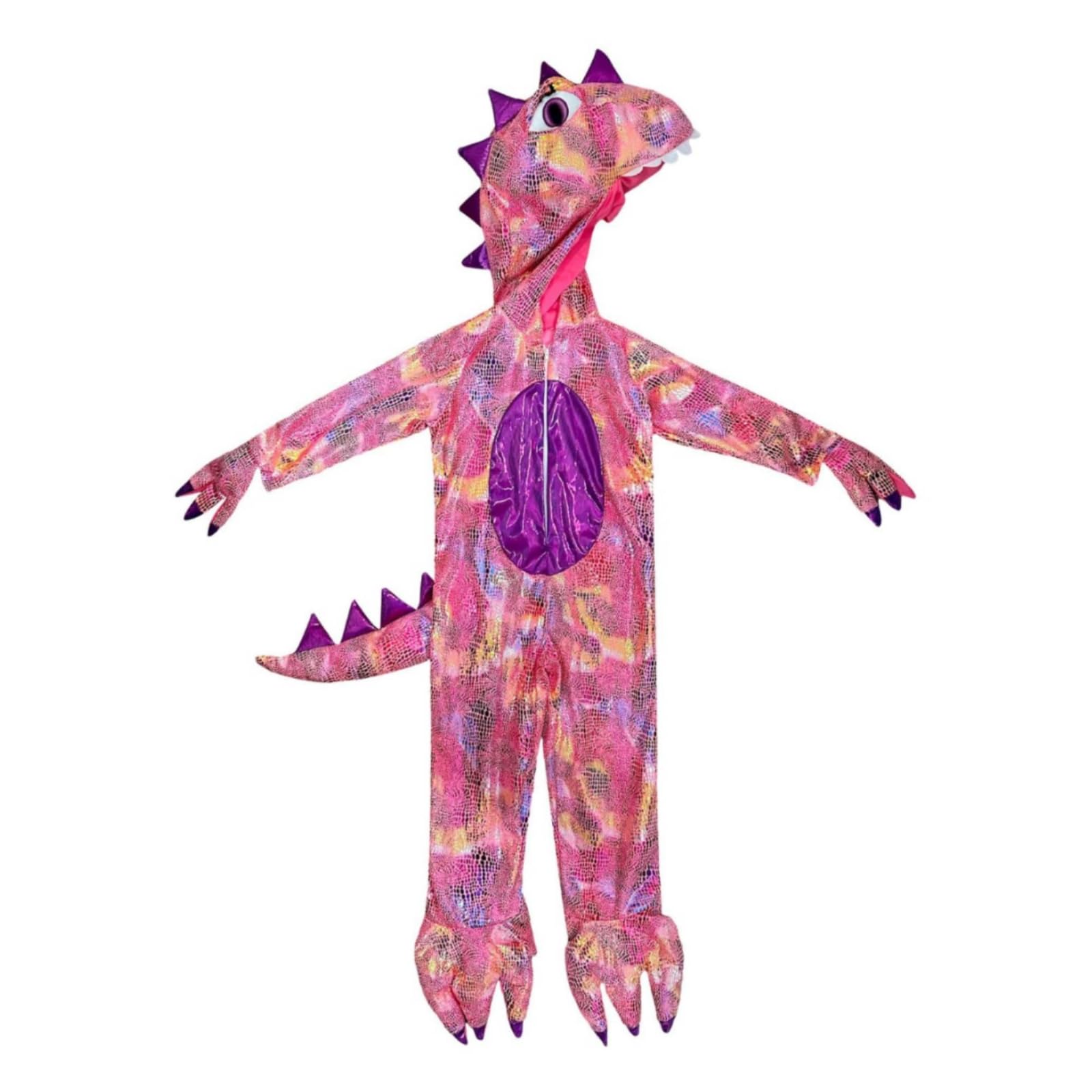 Costume Dinosauro Bambini Tuta Tuta Cappuccio Effetto Scaglie Zanne Bianche Spikes Chiusura a Zip Tessuto Poliestere Adatto per Halloween Carnevale Feste Infantili Giochi di Ruolo