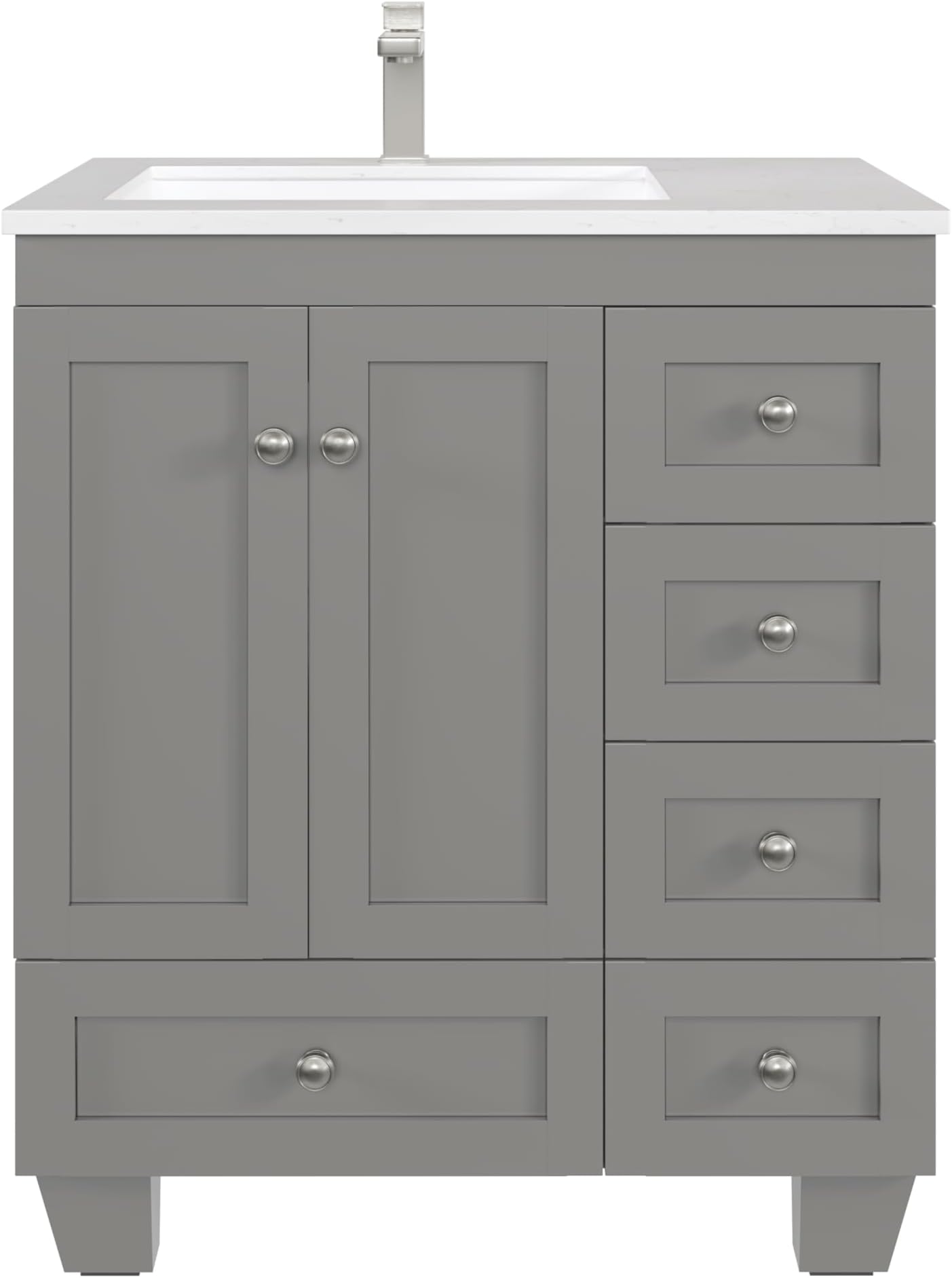 Happy 30 Inch Grey Bathroom Vanity with Carrara Quartz Top & Porcelain Sink