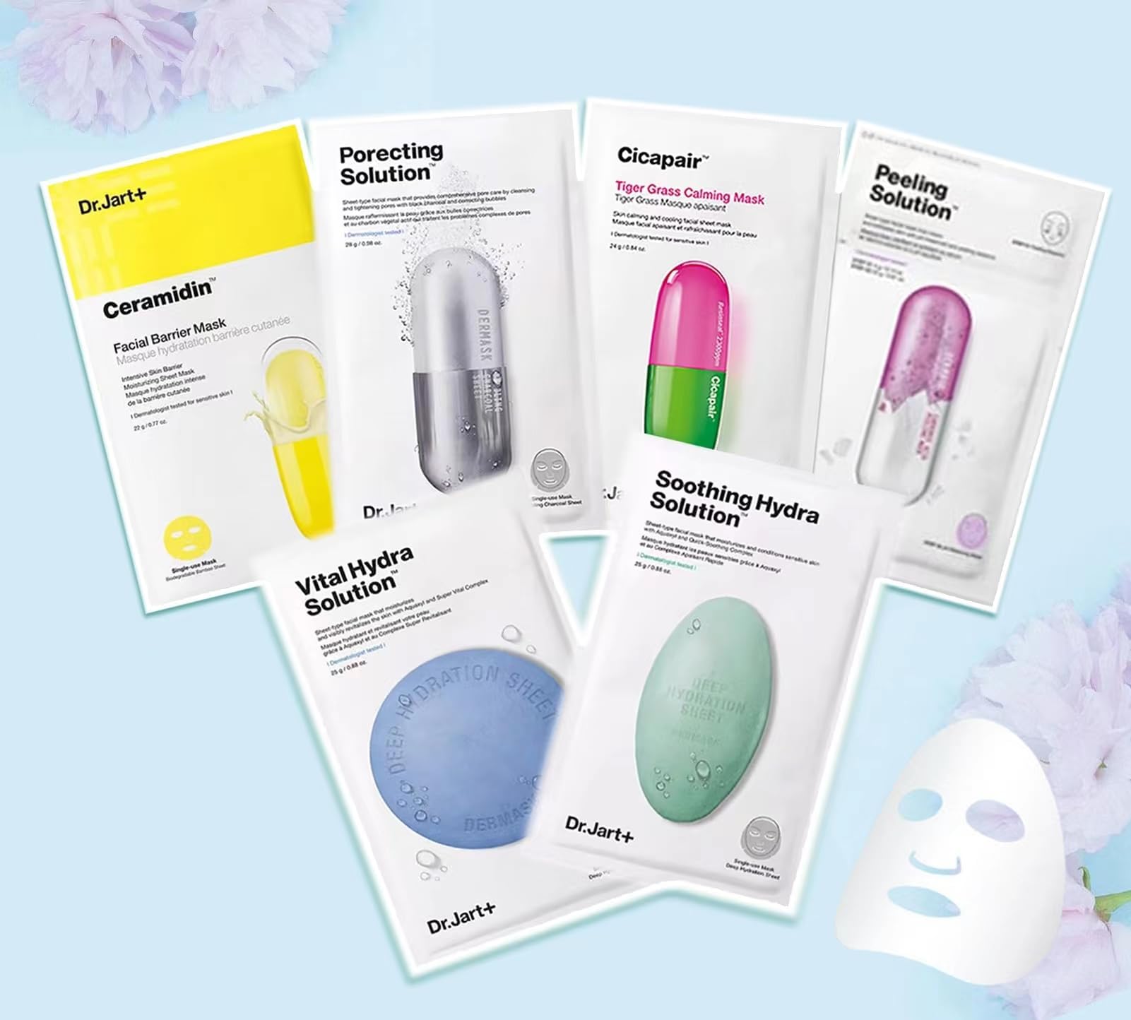 Dr.Jart+Mask Sheet Set 6 Pieces Random (Cicapair, Vital Hydra, Soothing Hydra, Porecting, Ceramindin) Skincare, Facial Care