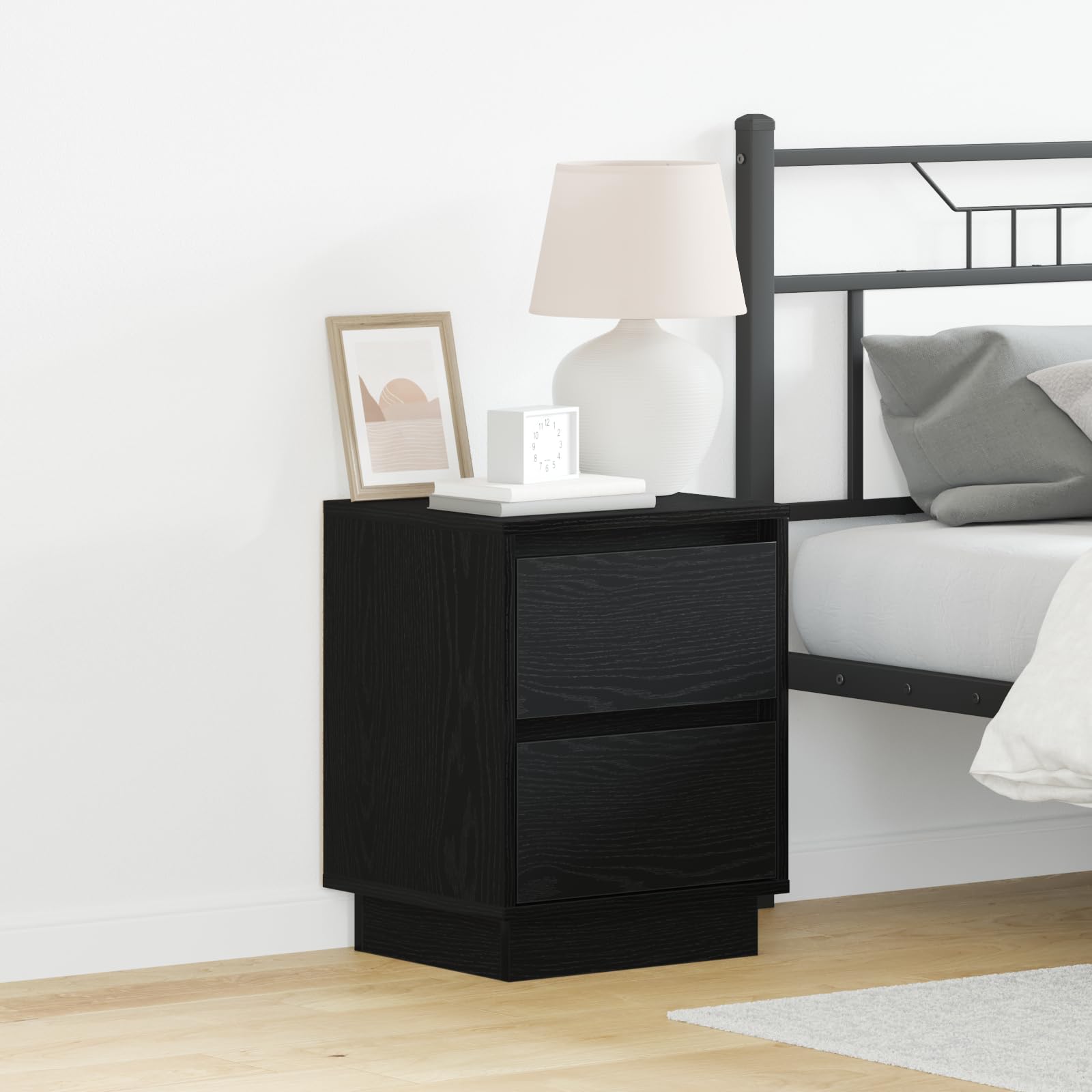 Schwarze Eichen-Nachttische mit LED-Beleuchtung und sanft schließenden Schubladen – Moderner Beistelltisch mit Stauraum für Schlafzimmer, 2 Schubladen pro Schrank,