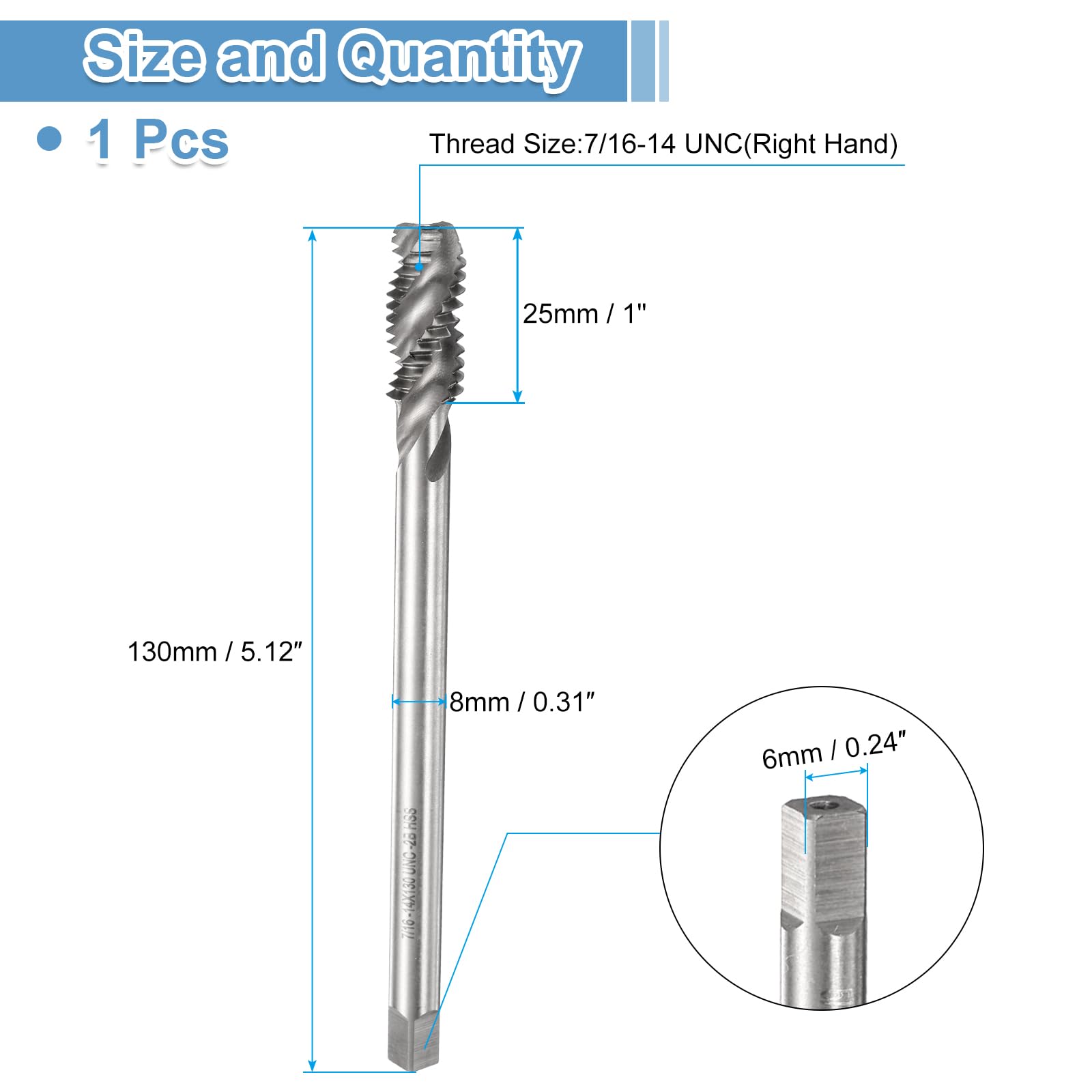 uxcell Spiral Flute Thread Taps 7/16-14 UNC 2B Machine Threading Tap Bit, Uncoated Screw Tapping Repair Tool, M2 High-Speed Steel (HSS)
