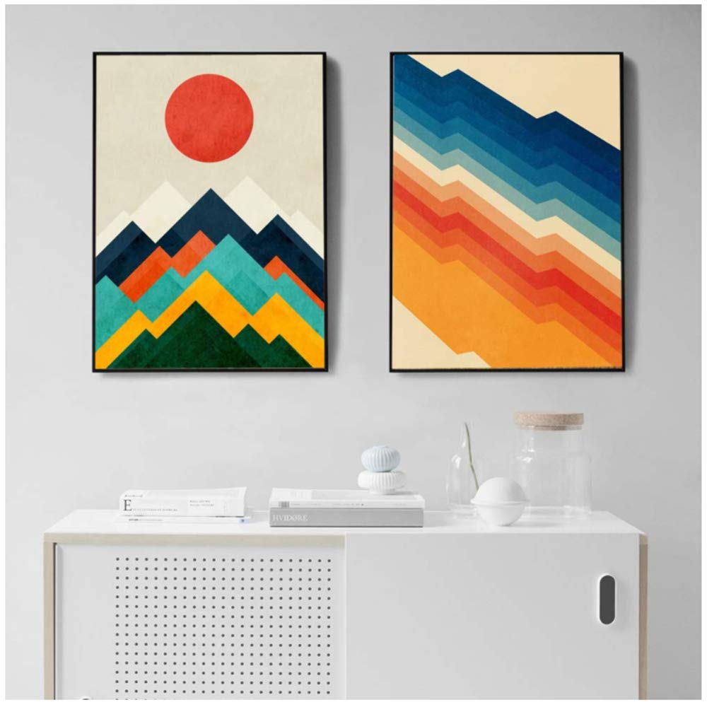 Cartel Abstracto Geometría Colorida Carteles e Impresiones Red Sun Mountain Wall Art Pictures Canvas Painting Decor-50x70cm con Marco