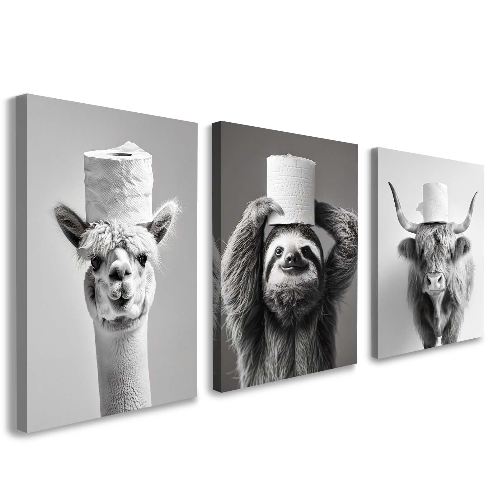 Set of 3 Bathroom Wall Art, Funny Animal Canvas Decor, Black and White Sloth Highland Cow and Alpaca Artwork, Humorous Bathroom Prints for Toilet or Powder Room with Hooks and Magic Tape, 12x16 Inch