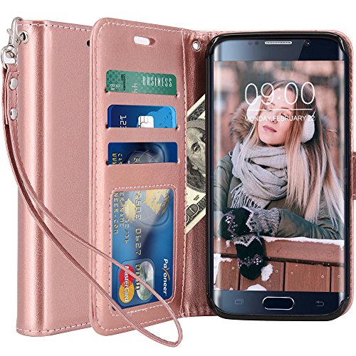 LK Galaxy S6 Edge Case, [Wrist Strap] Luxury PU Leather Wallet Flip Protective Case Cover with Card Slots and Stand for Samsung Galaxy S6 Edge (Rose Gold)
