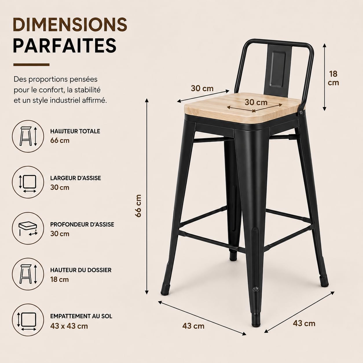 Kosmi - Chaise de Bar, Tabouret Moyen Style industriel avec Petit dossier en Métal Noir Mat et assise en Bois Naturel Clair, assise Hauteur 66cm