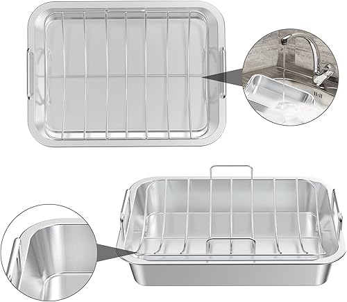 Miniatura 7 de onlyfire - Sartén para asar con estante en U, de acero inoxidable, para asar pavo, pollo, carne y verduras, apta para horno de 16 pulgadas