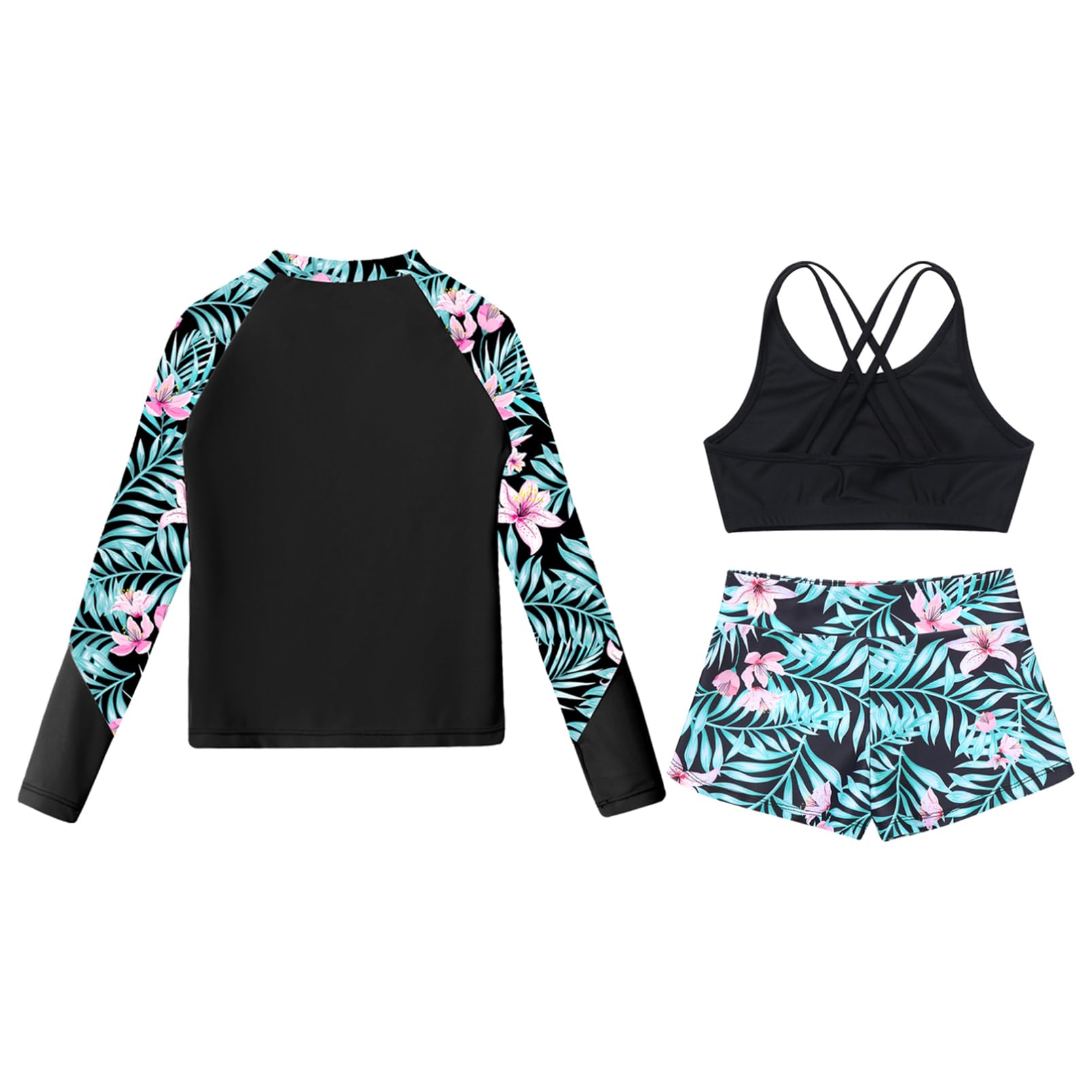 dPois Anti UV Enfant Fille Maillot de Bain 3 Pièces T-Shirt Rashguard Manche Longue Débardeur Short de Plage Sport Natation Tankini Ado Vacances 7-16 Ans