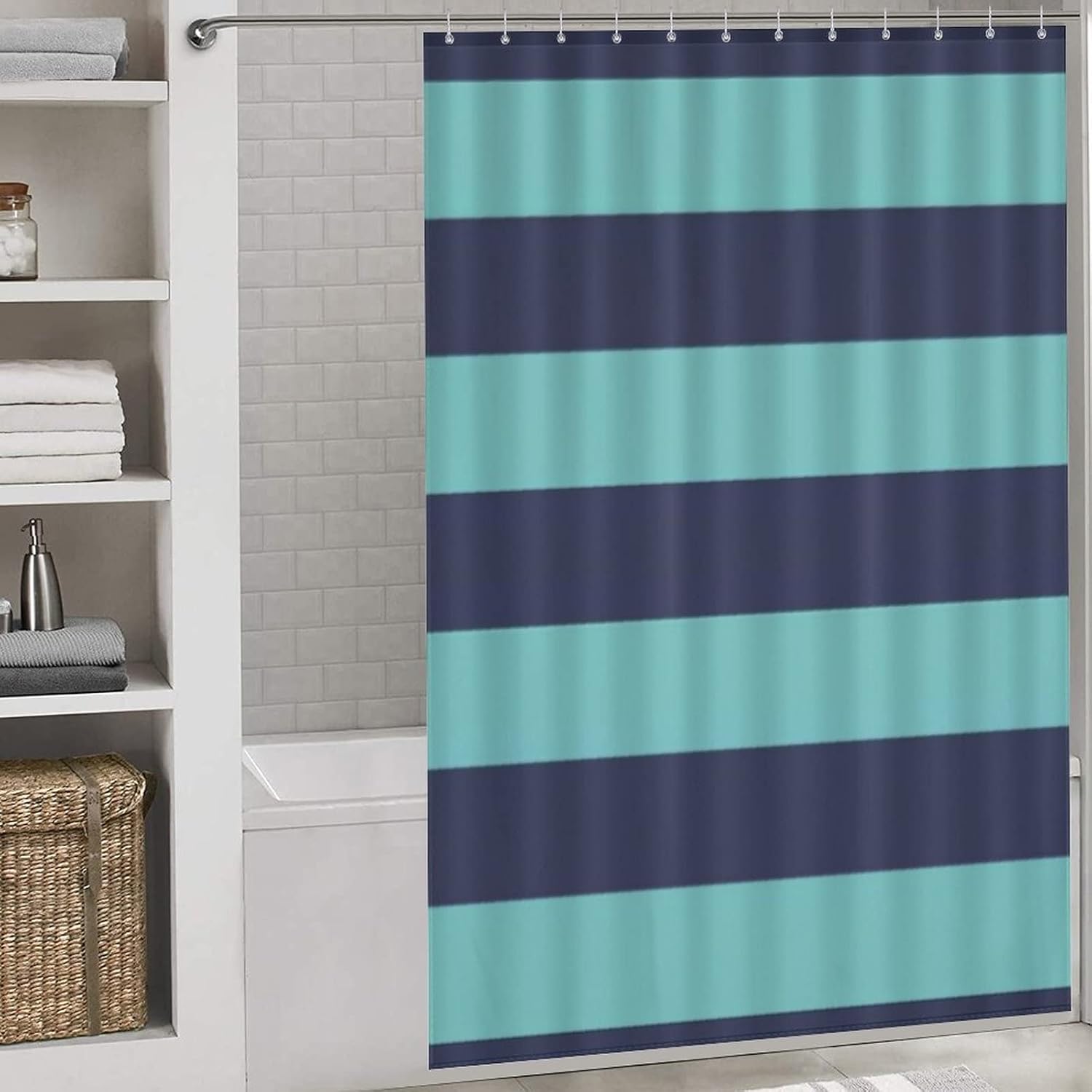 Shower Curtain Liner Set, Navy Blue Turquoise Stripes Waterproof Washable Bathroom Curtains with 12 Hooks, 60 x 72inch