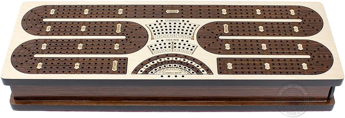 House of Cribbage - Continuous Cribbage Board/Box Inlaid in Maple/Rosewood : 4 Track - Storage Drawer for Pegs & Playing Cards - Score Marking Fields for Skunks, Corners and Won Games