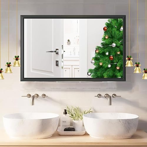DLLT - Espejo de baño negro de 36 x 24 pulgadas para pared, espejos de pared con marco de aleación de aluminio, espejo rectangular biselado para