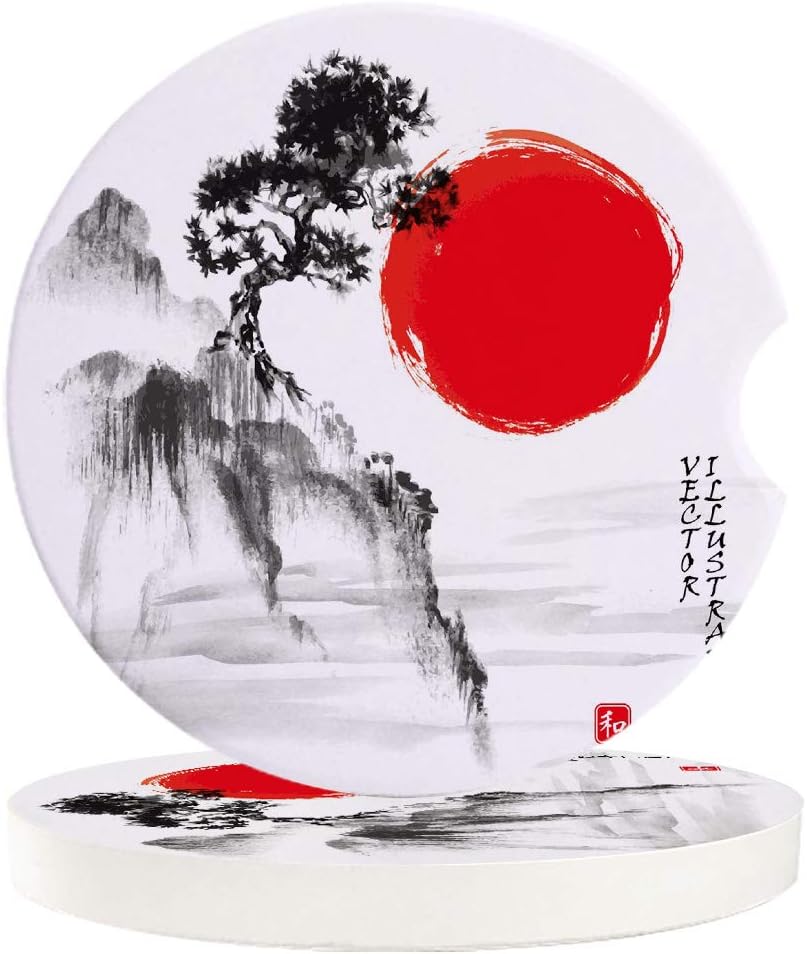 Absorbent Coaster Set for Auto Chinese Ink Paintin Art Rock Mountain and Pine Tree Ceramic Car Cup Holder Coasters with Fingertip Notch for Easy Removal Set of 2