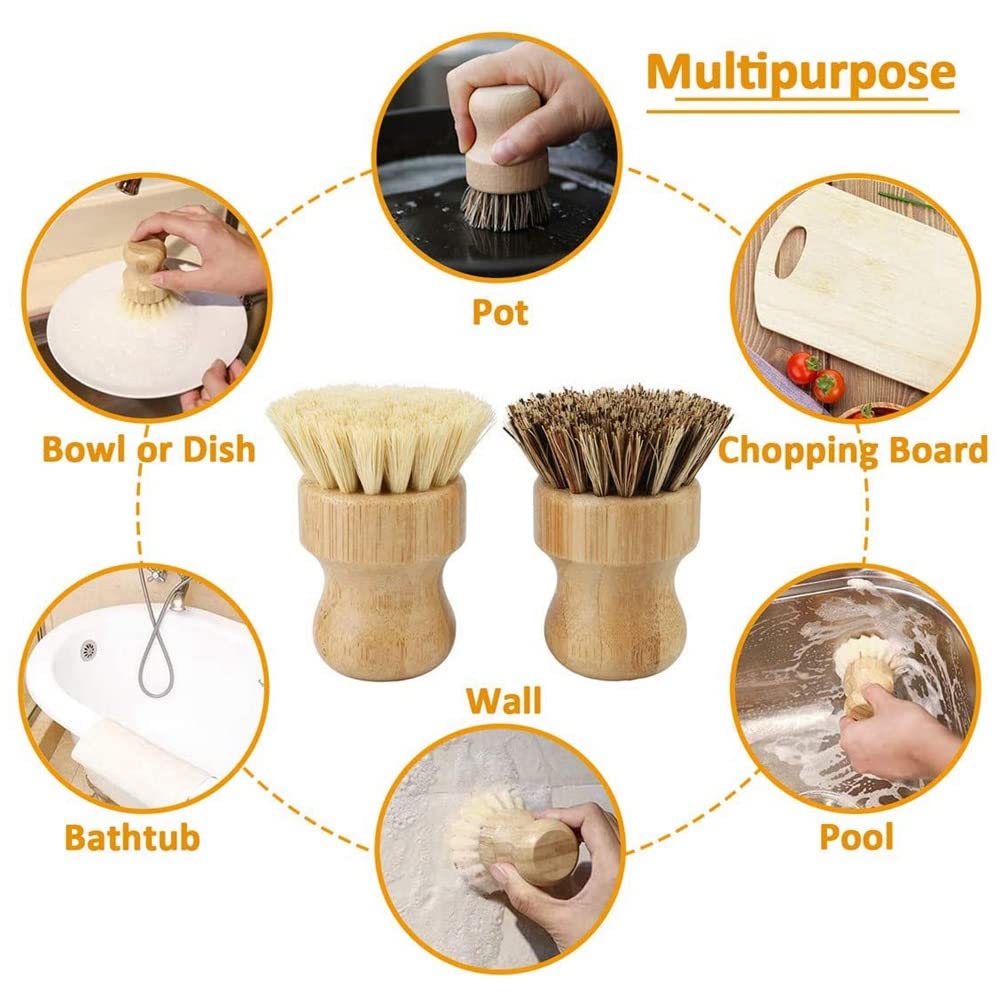 Bloepum Bamboo Dish Brush 4Pcs Bamboo Mini Scrub Brush Pot Brushes Dish Scrubber for Cast Iron Skillet, Kitchen Sink, Bathroom