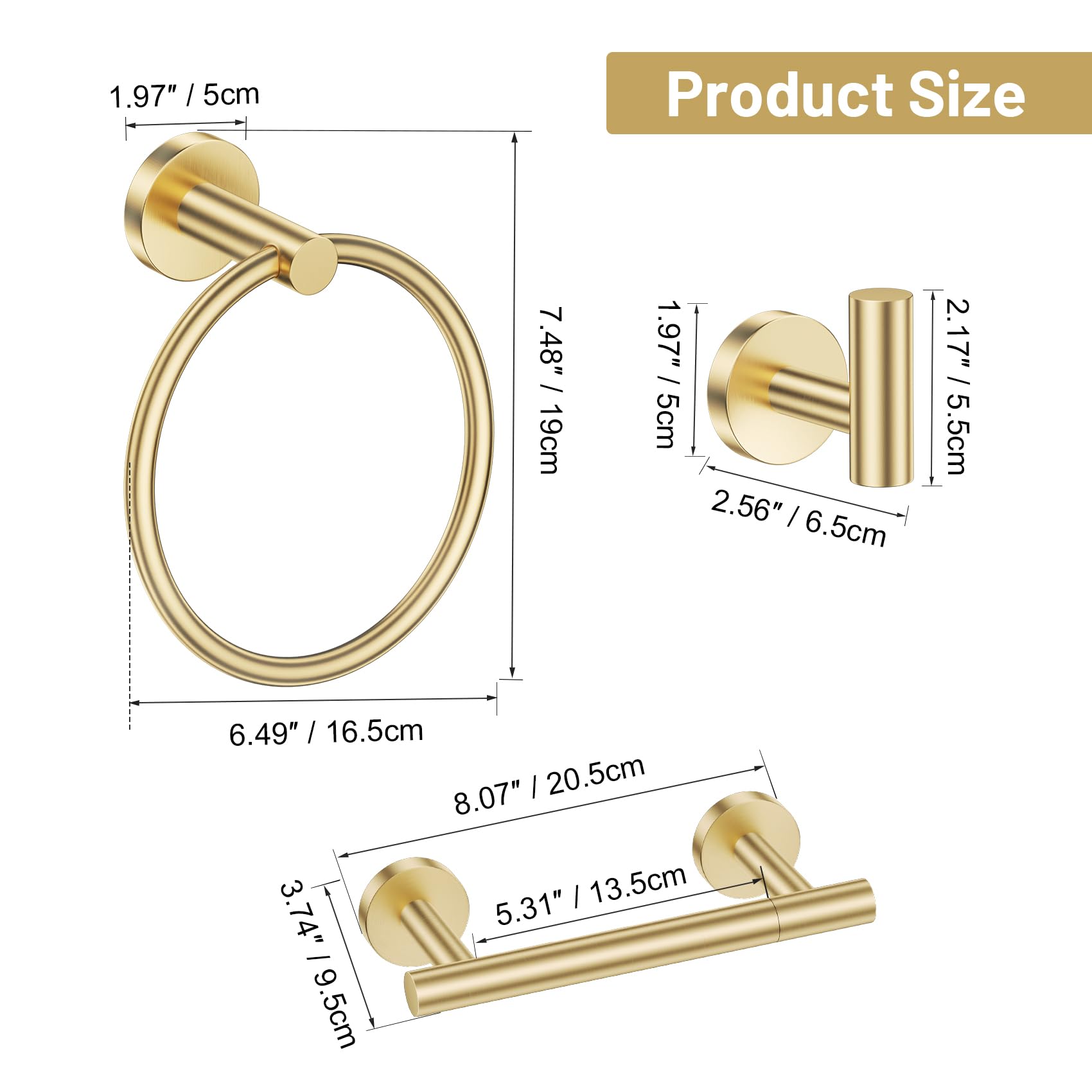 Brushed Gold Bathroom Hardware Set - Toilet Paper Holder & More -6