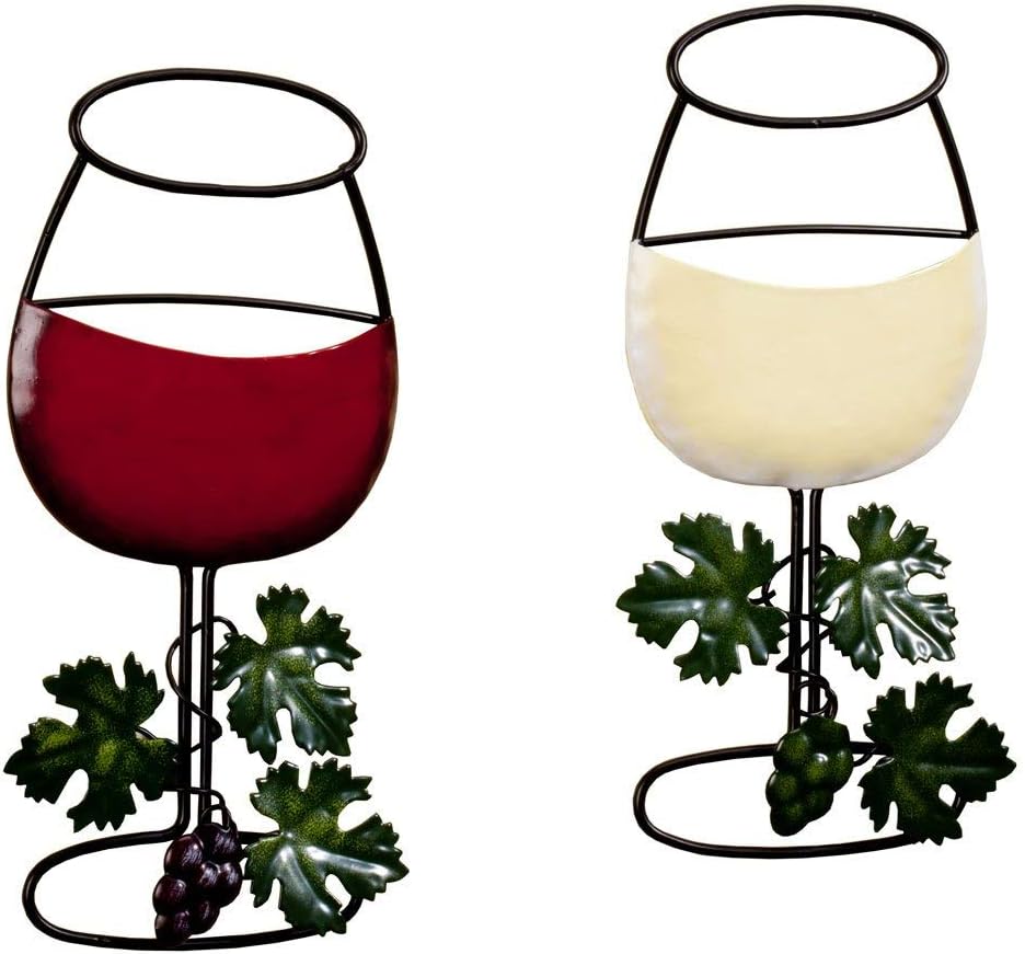 Wine Wall Decor For Kitchen - 2 Metal Glasses Red & White Wine Decorated with Leaves and Grape - Decorative Wine Sign for Bar, Living Room, Bedroom, Dining Room - Wall Art For Charm Atmosphere