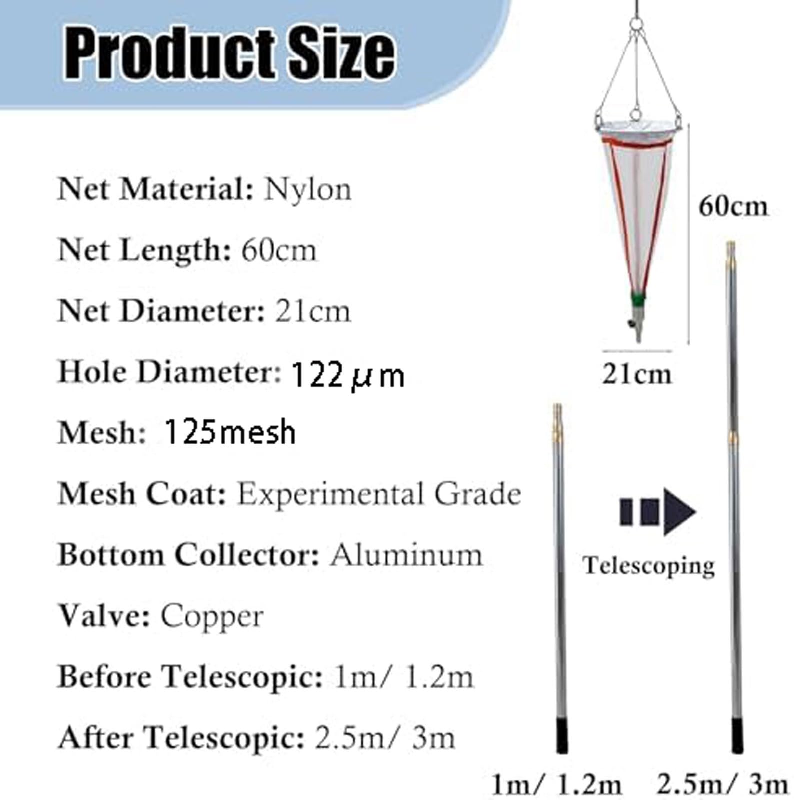 Plankton Collection Net 125/200 Échantillonneur d'organismes marins en maille avec perche télescopique pour la surveillance de l'environnement, matériau en nylon, mât de 3 m inclus
