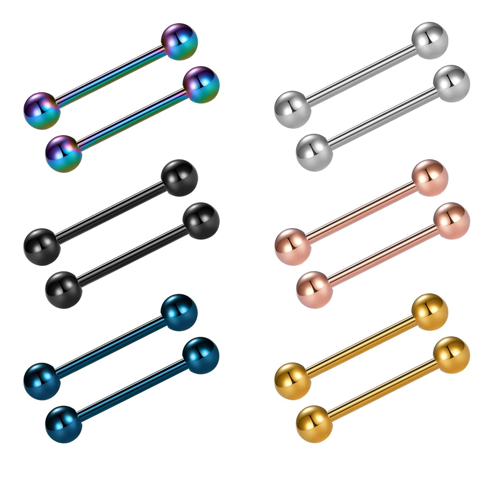 Momeski6 pares de piercings para la lengua, juego de piercings para pezones, acero quirúrgico, 1,6 mm, 14 mm, barras para piercings para lengua y pezones