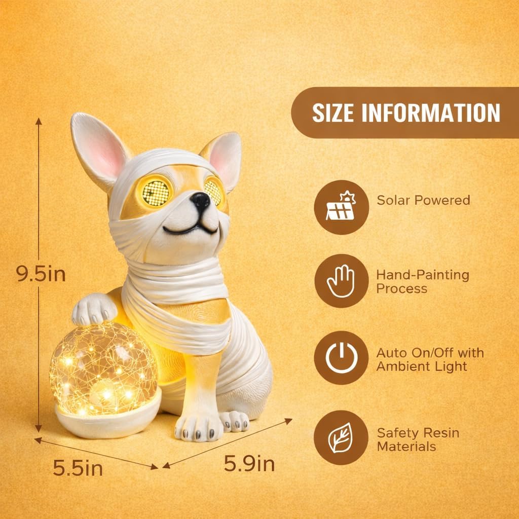 Solar Dog Garden Statue with Light, Outdoor Dog Decor with Crackle Glass Ball, Waterproof Resin Solar Garden Light for Yard, Patio, Lawn, Walkway, Cute Memorial & Gift for Mom